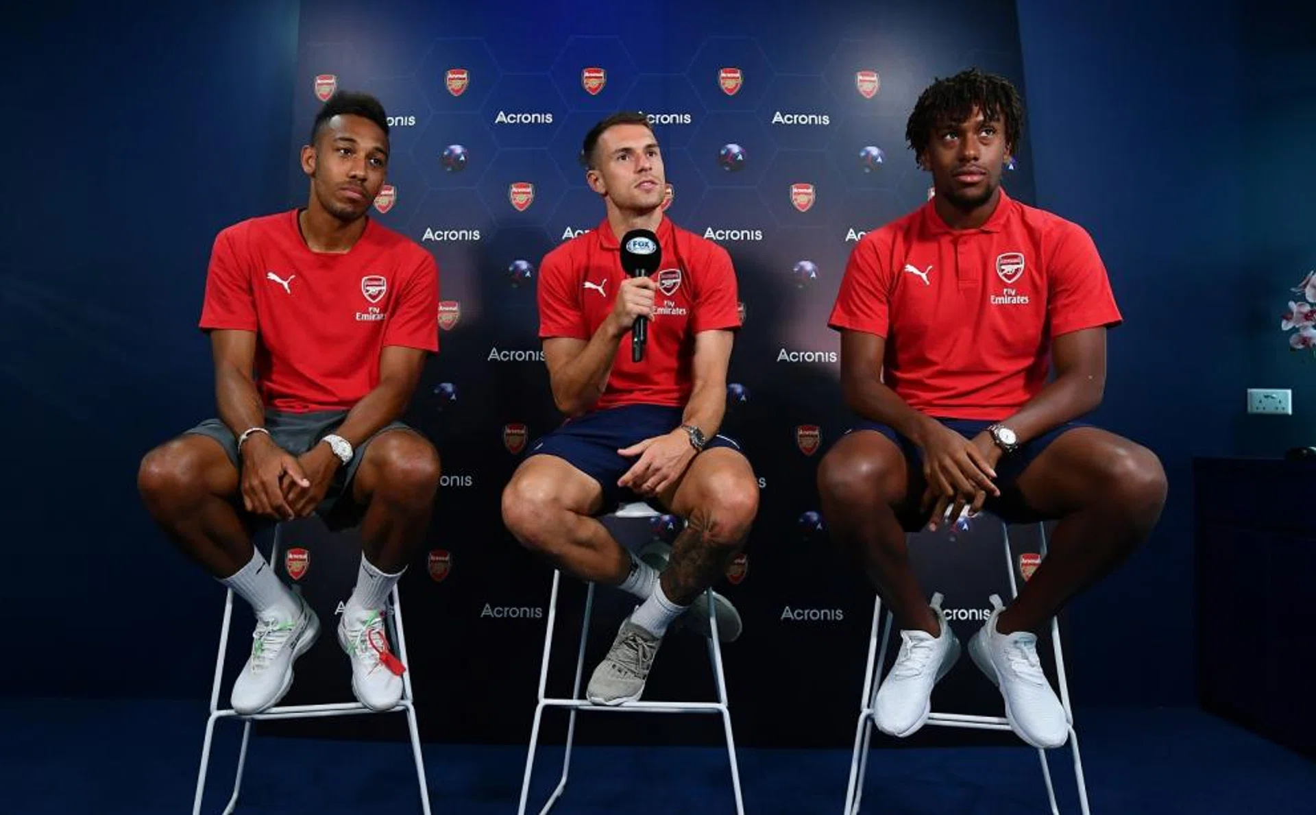 (From left) Pierre-Emerick Aubameyang, Aaron Ramsey and Alex Iwobi speaking at a media event on Friday (July 27).