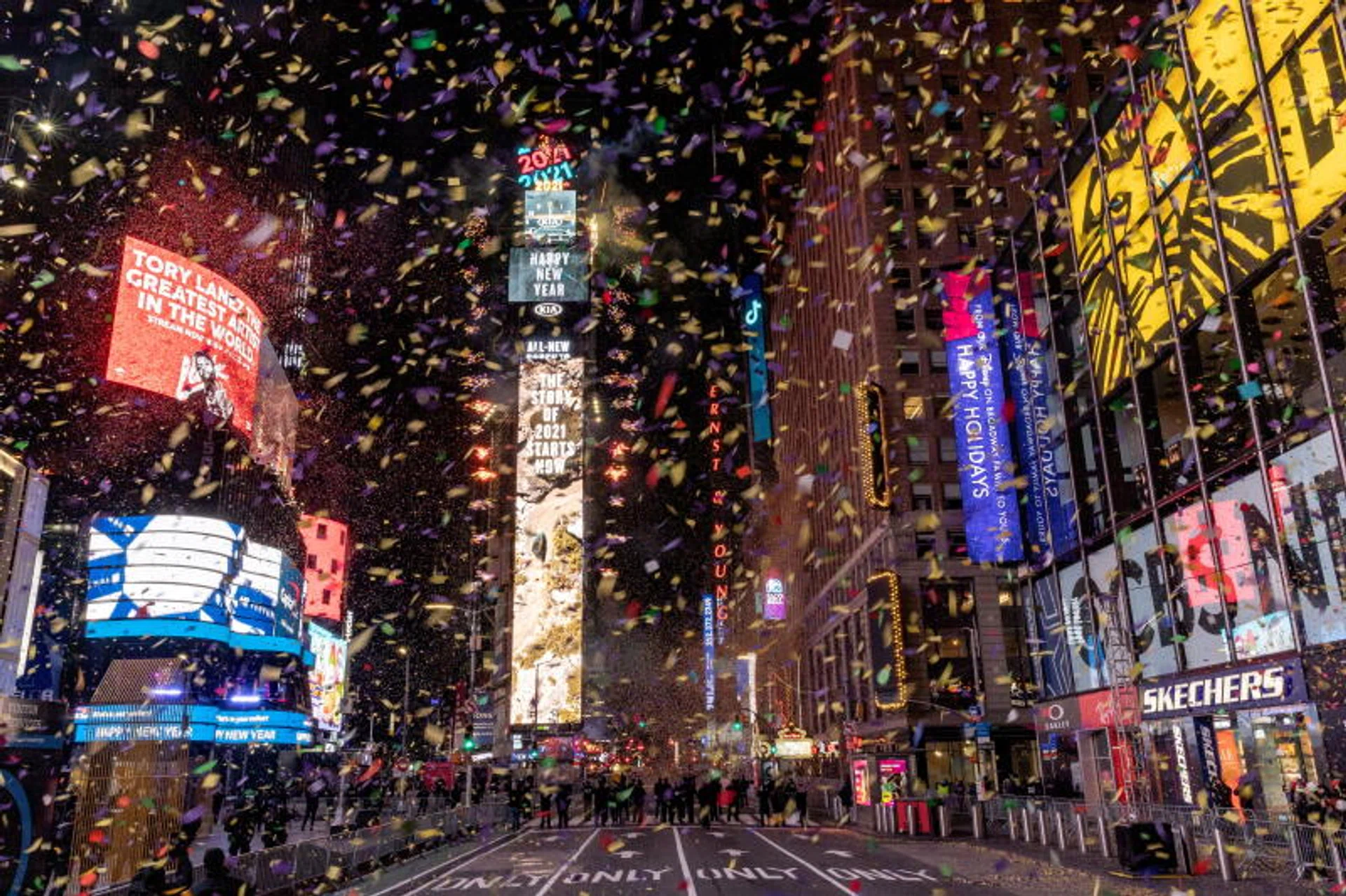 Confetti flies around the ball and countdown clock in Times Square during the virtual New Year's Eve event following the outbreak of the coronavirus disease (COVID-19) in the Manhattan borough of New York City, New York, U.S., January 1, 2021.