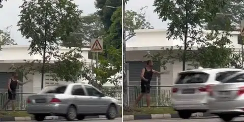 Man filmed throwing stones at cars along Simei Avenue, across from CGH