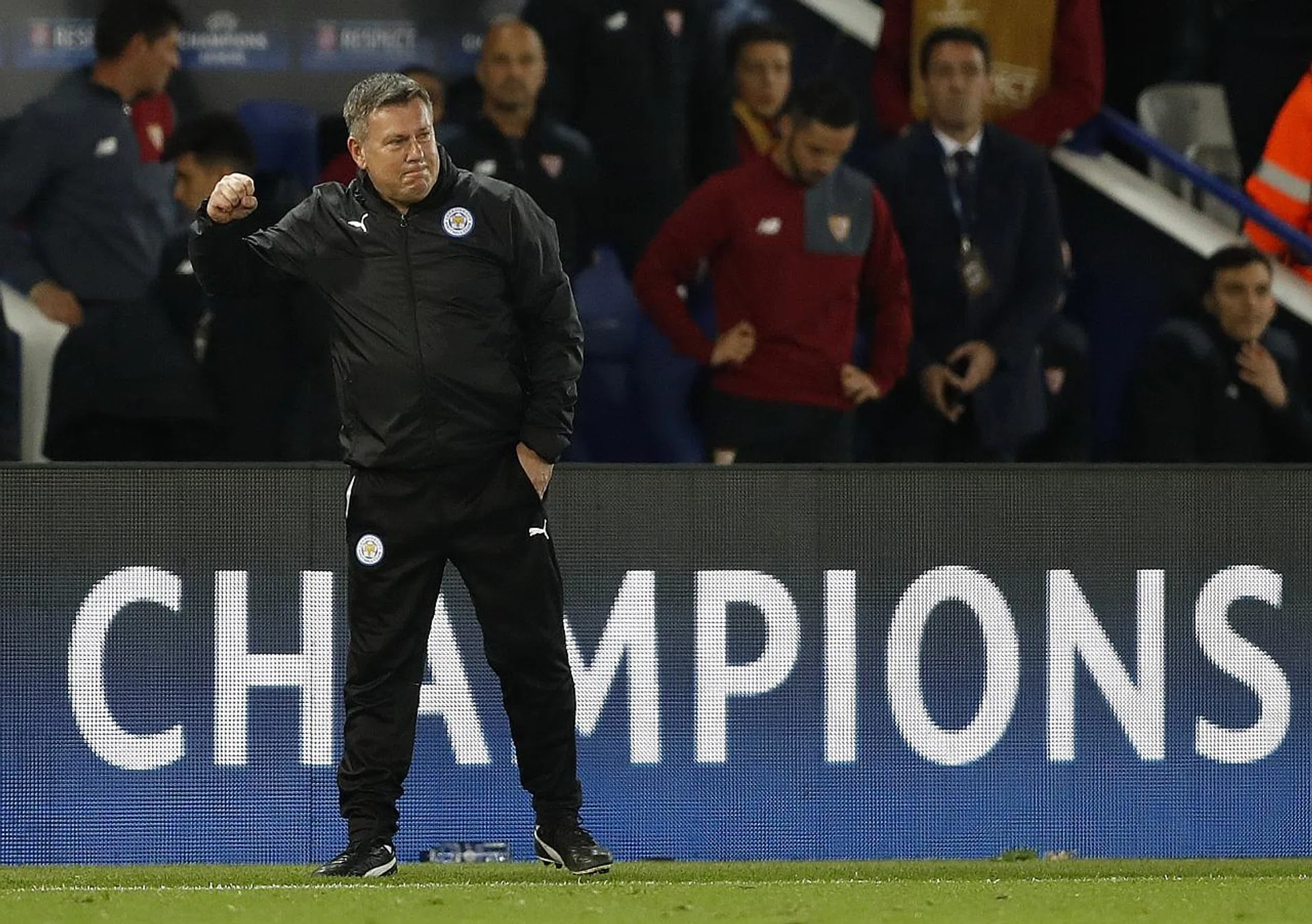 Craig Shakespeare celebrating his first win as permanent Leicester boss yesterday morning.
