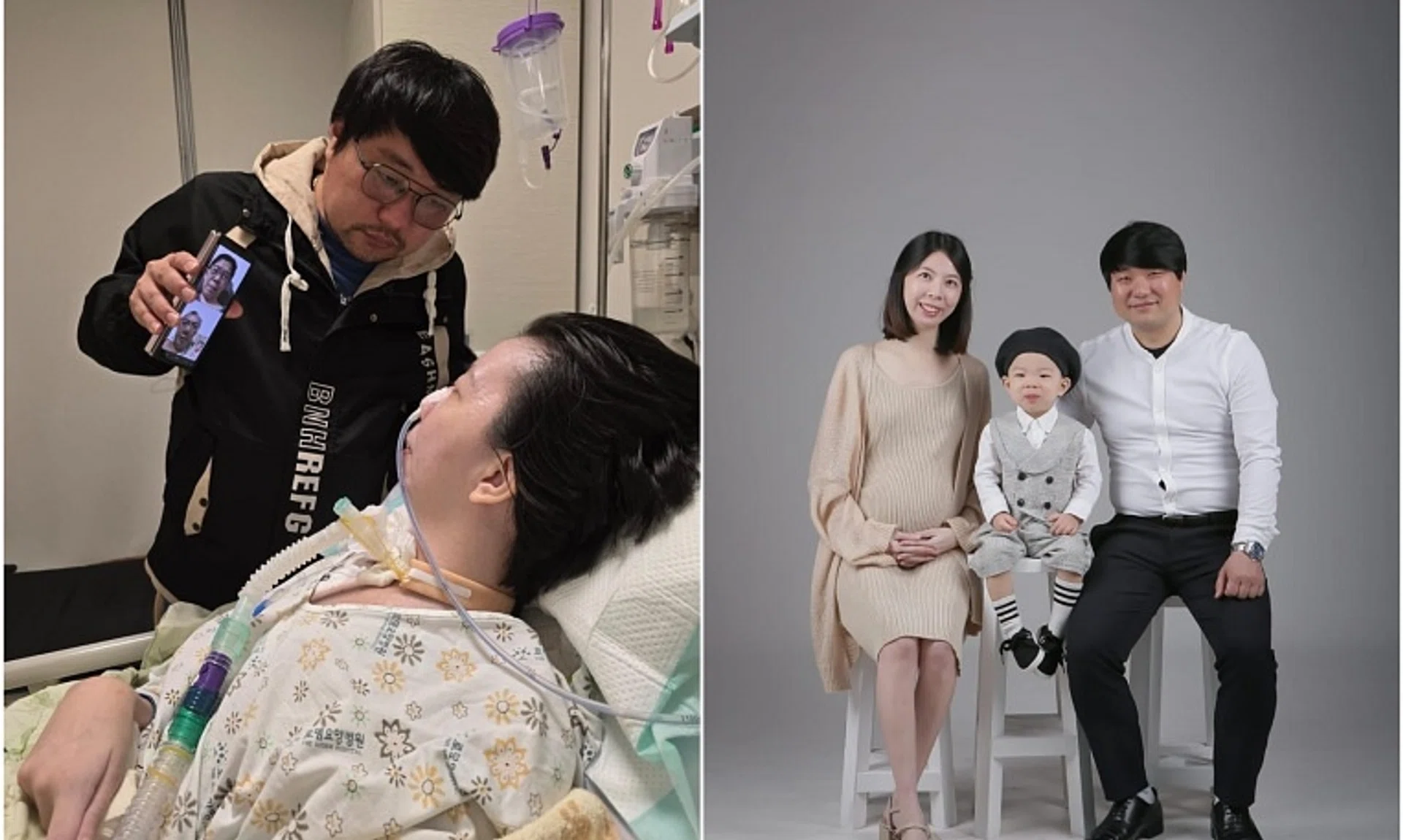 Mr Jang Jong-seok holding the phone for his wife Tong Ming Yan as his in-laws make a video call. 