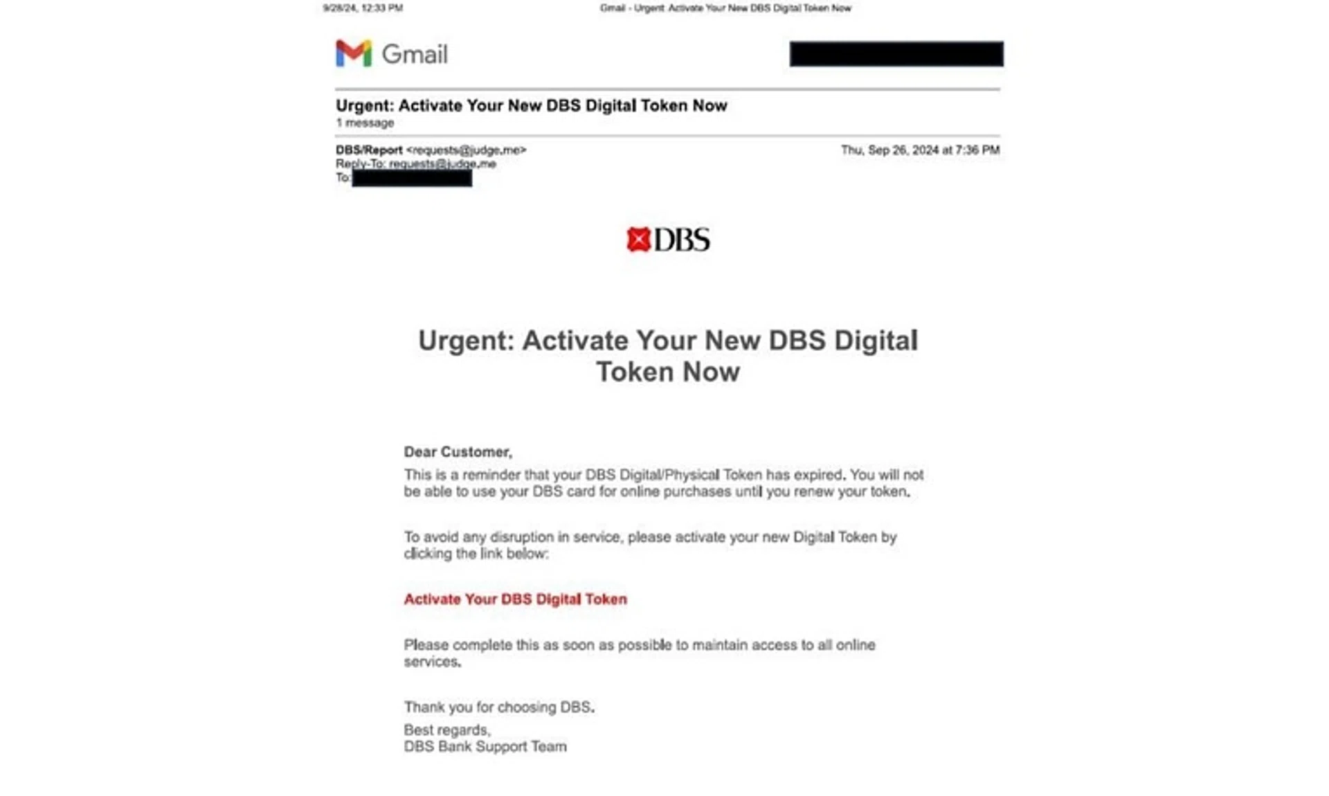 Victims would receive an e-mail or text message supposedly from DBS urging them to click on an embedded online link to resolve an urgent issue.