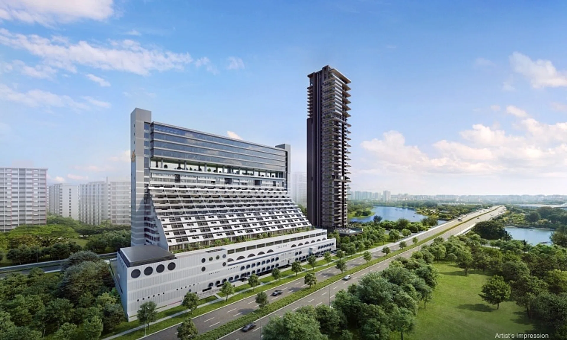 An artist's impression of The Golden Mile (left), with 22 storeys, and the 45-storey Aurea (right), facing Nicoll Highway.