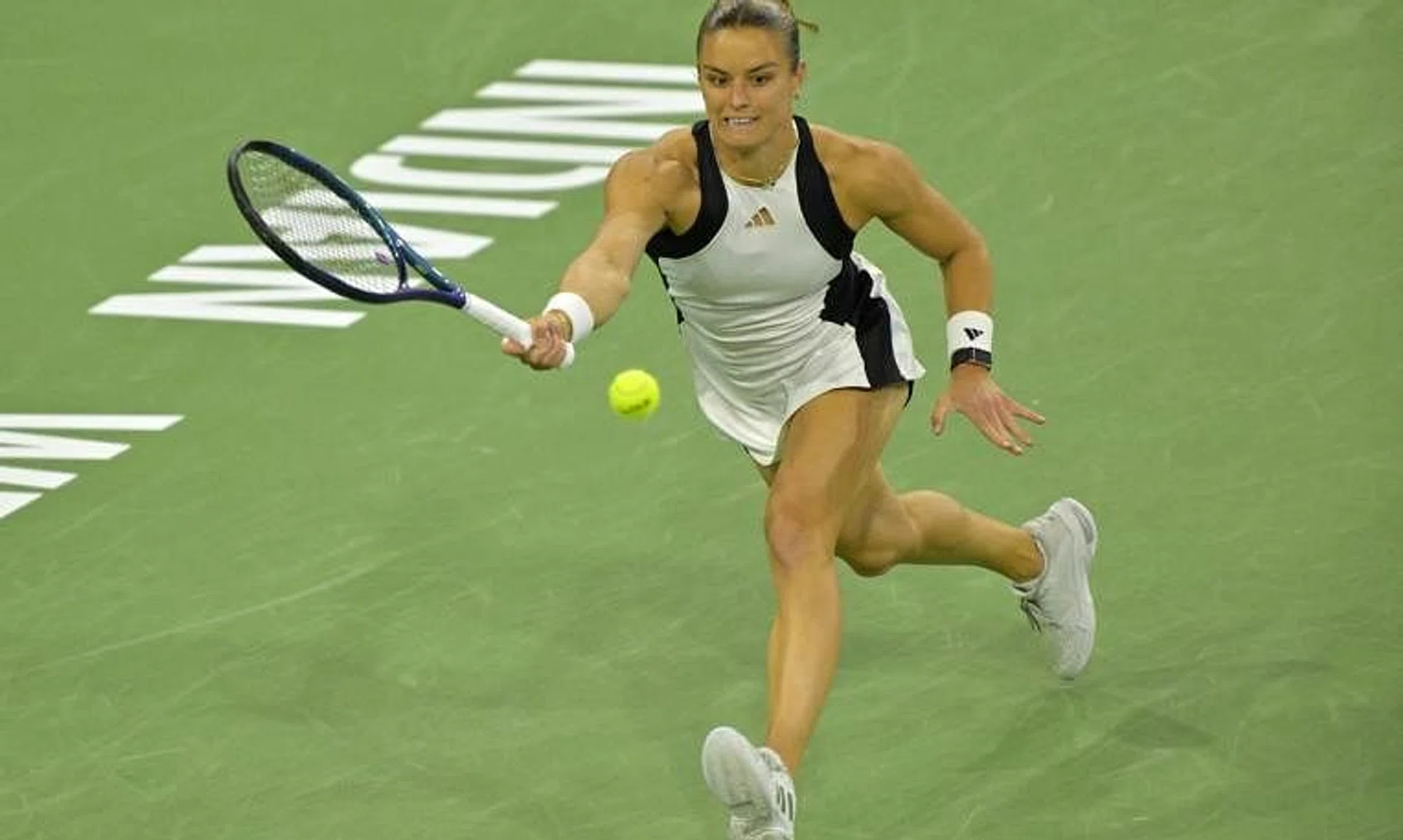 Maria Sakkari hitting a shot during her semi-final match against Coco Gauff in the BNP Paribas Open at Indian Wells.