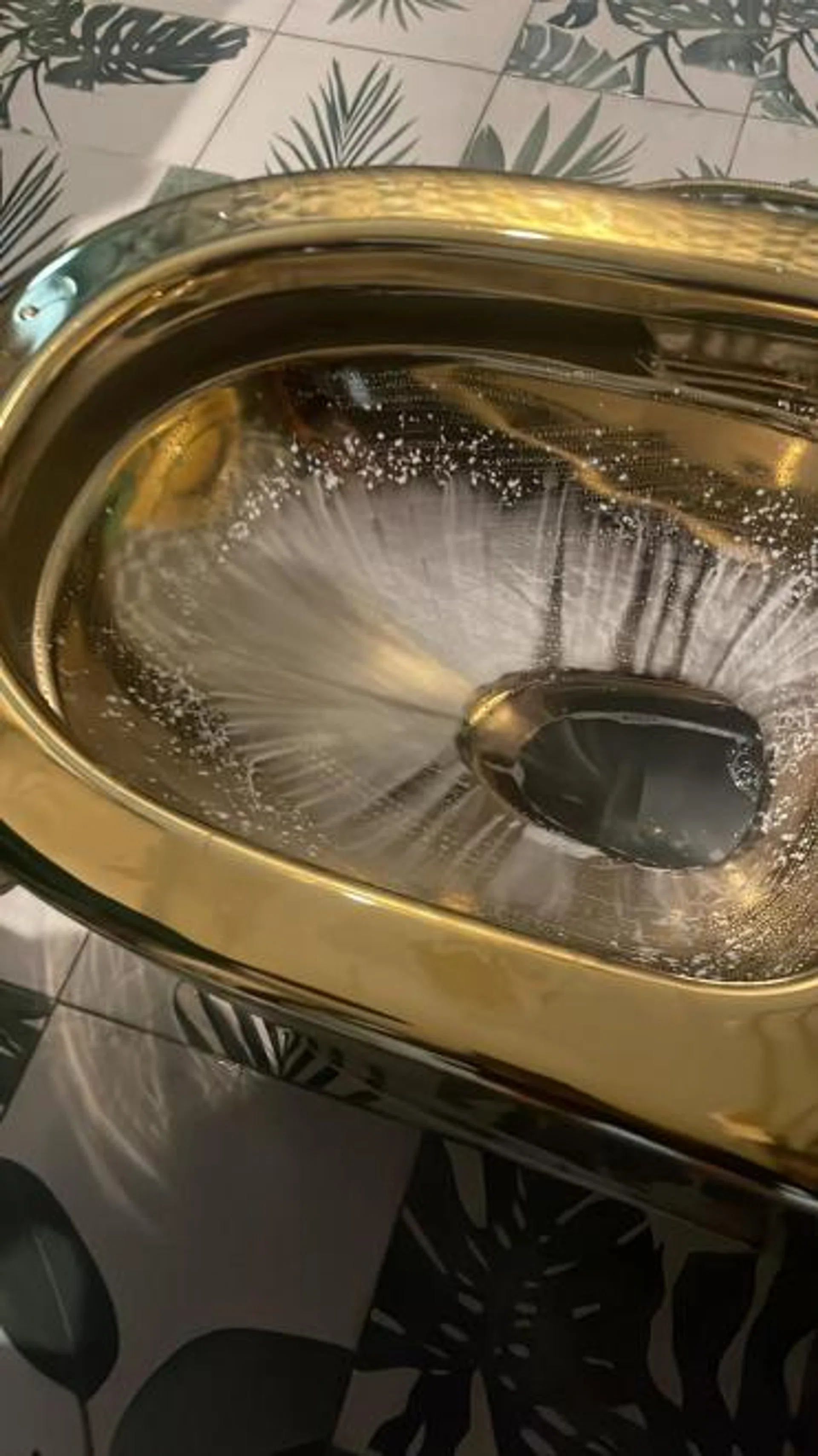 The toilet bowl with coating tarnished by bleach.