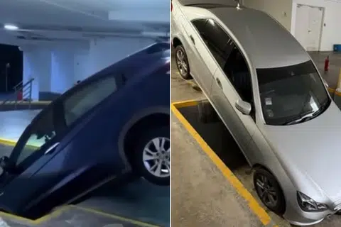Cars nosedive into loading bay as drivers caught off guard at StarHub Green carpark
