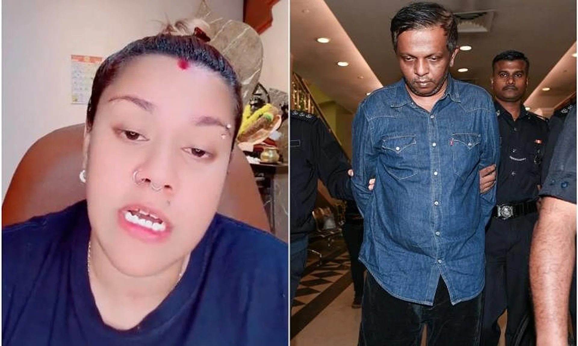 Shalini Periasamy (left) was fined after she pleaded guilty to using vulgar language on TikTok with the intent to incite anger. B. Sathiskumar was also charged in a case related to the death of social media influencer.