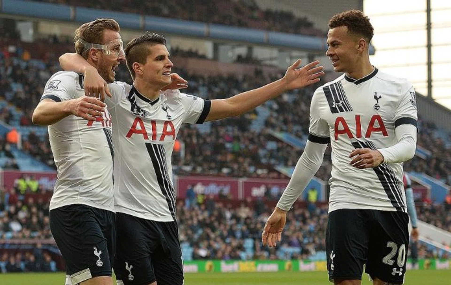 OVERJOYED: Tottenham's Harry Kane (far left) celebrating his second goal with teammates Erik Lamela (centre) and Dele Alli (left).  