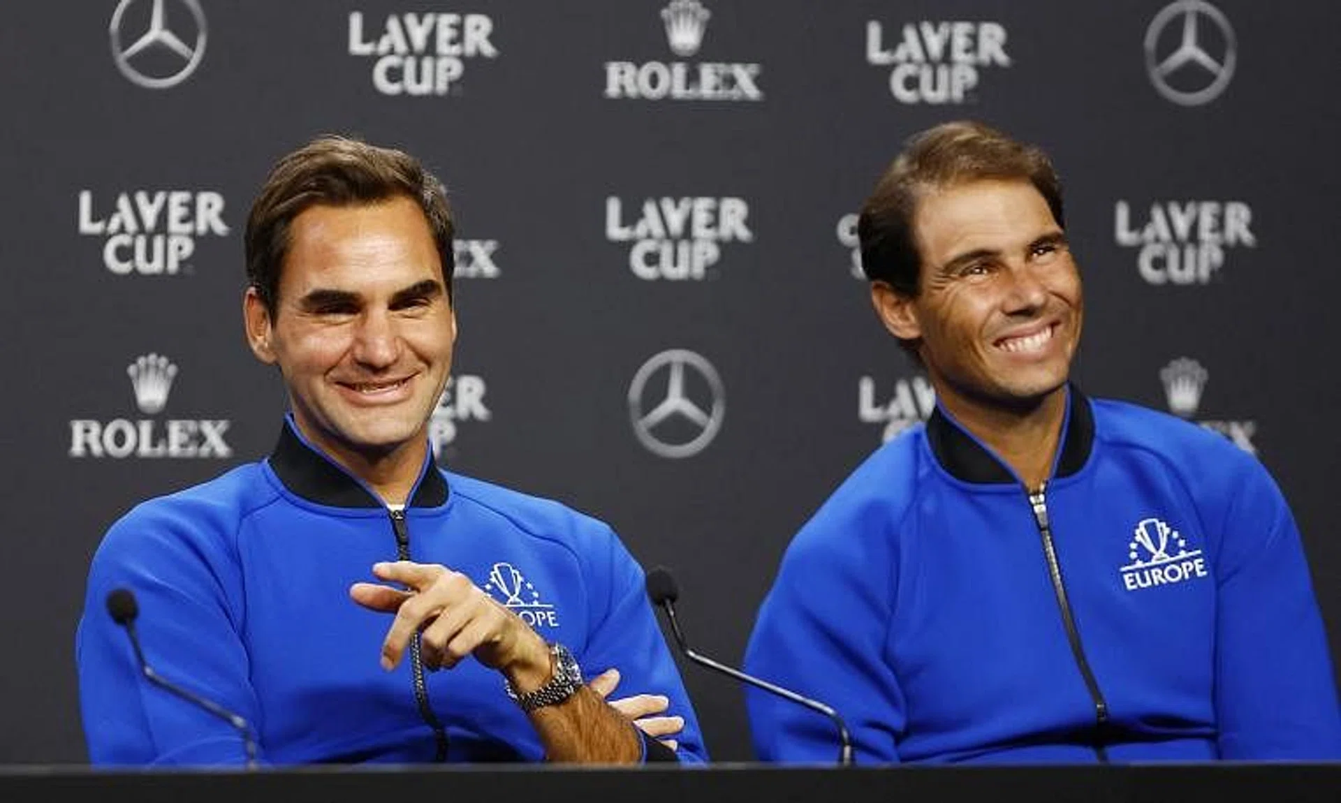 Roger Federer (left) and Rafael Nadal, representing Team Europe, will face Frances Tiafoe and Jack Sock of Team World.