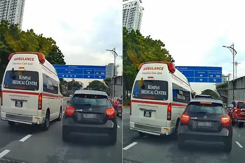 Malaysian ambulance and S'pore Mercedes in near collision on Johor road