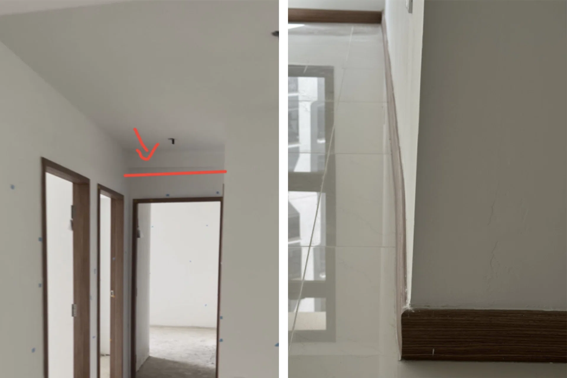 Mr Iman noticed that a beam in his unit was noticeable slanted (left). Other residents reported similar issues (right).