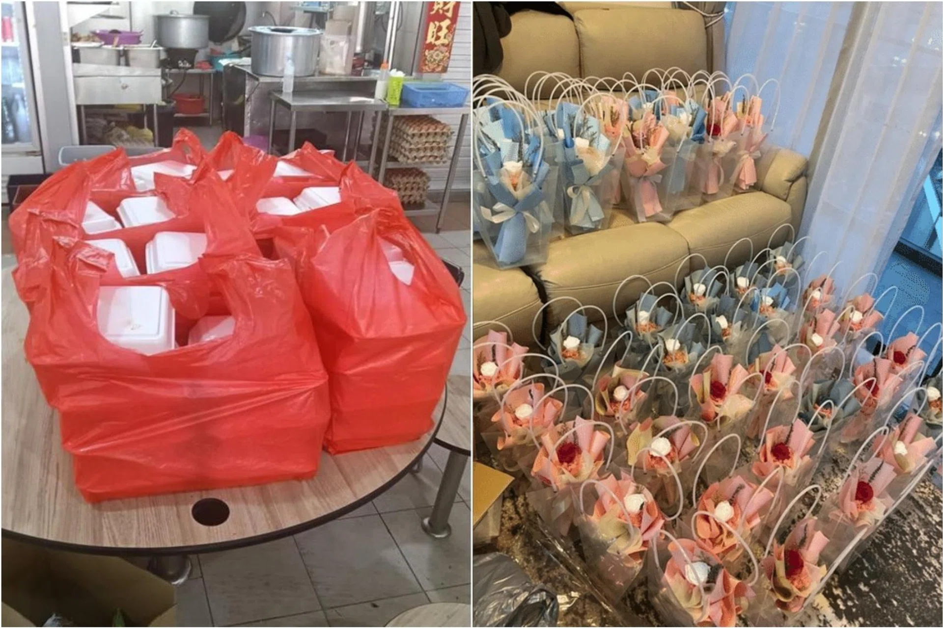 A hawker stall in Tiong Bahru Market (left) was scammed with a fake order of 150 packets of briyani and Kiki Florist was scammed with a huge order of 150 small bouquets and four extra-large bouquets.