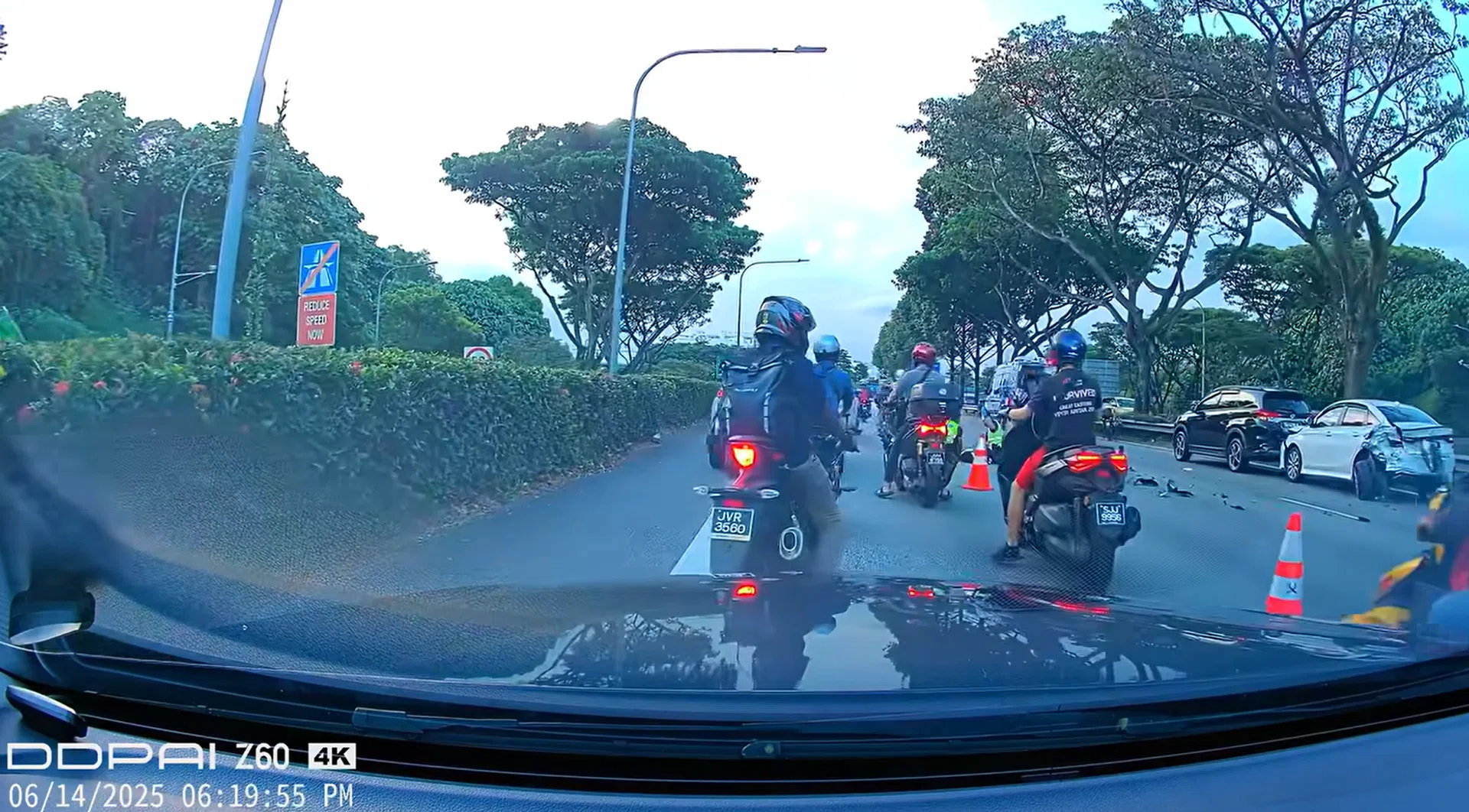 Footage of the accident shows two cars that seem to have collided on the rightmost lane, while a motorbike is seen lying on its side nearby.