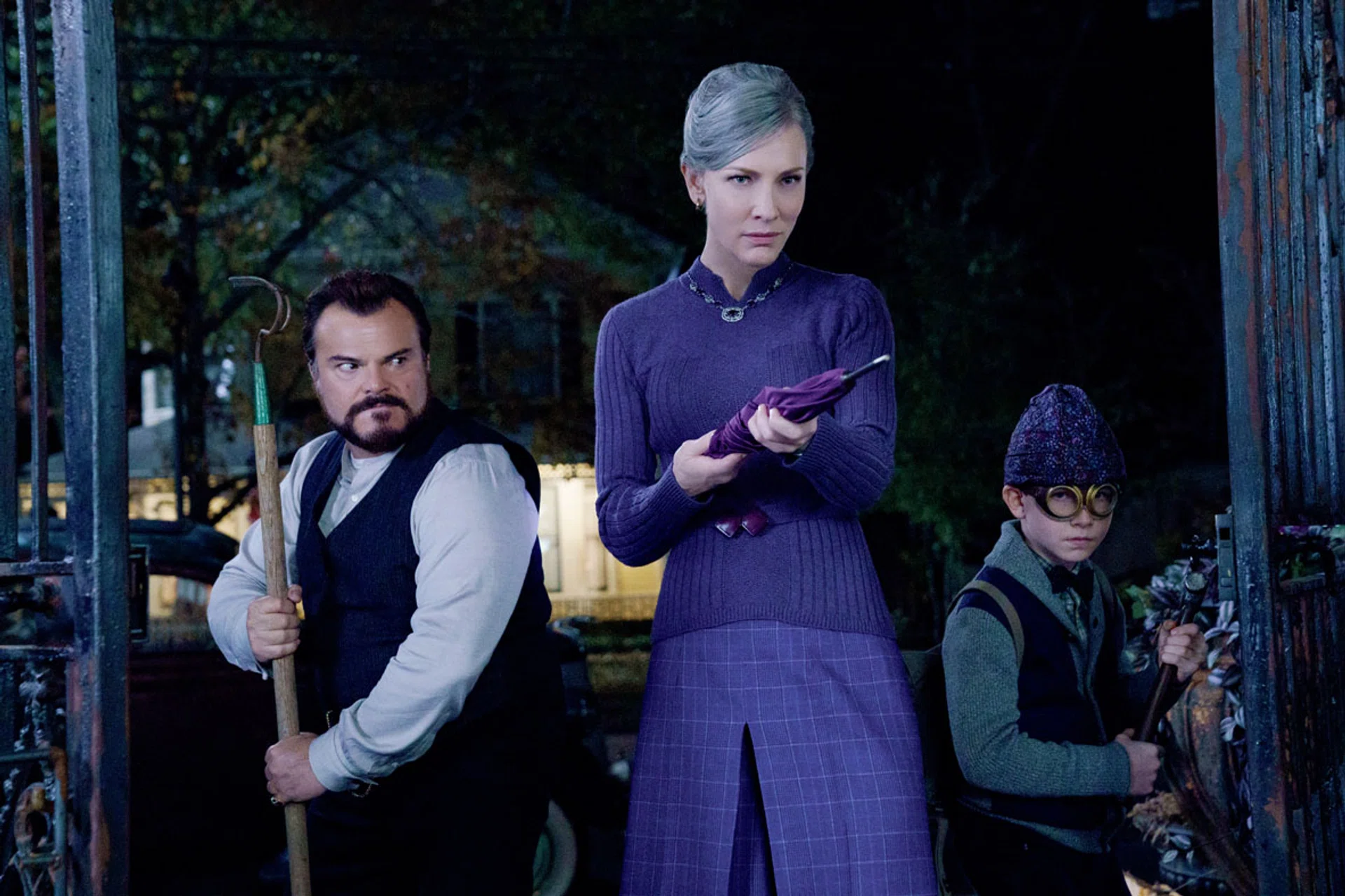 (From left) Jack Black as uncle Jonathan, Cate Blanchett as Florence Zimmerman and Owen Vaccaro as Lewis in The House With A Clock In Its Walls.