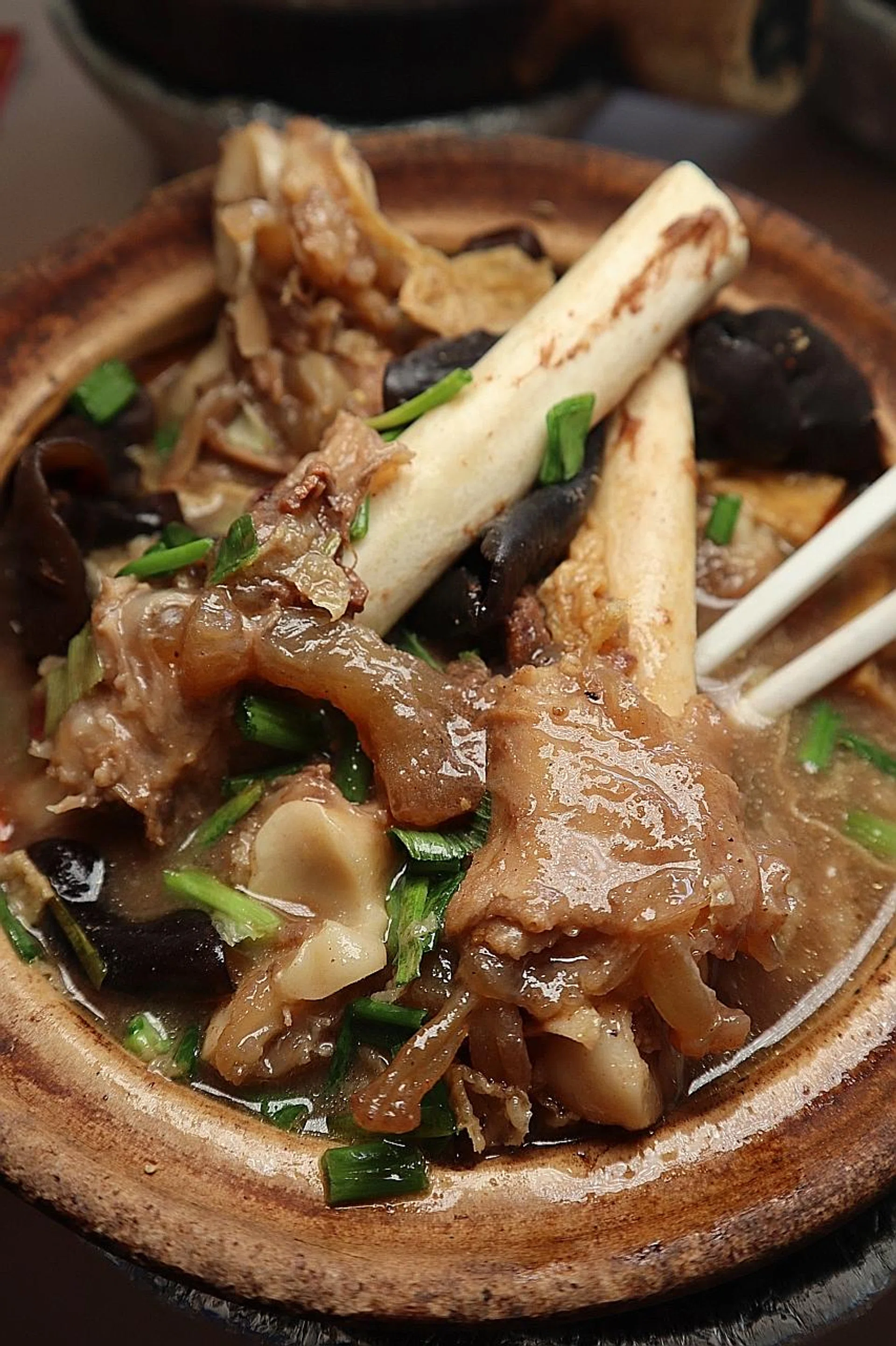 (Above) The tendon is soft and its essence escapes into the broth. 