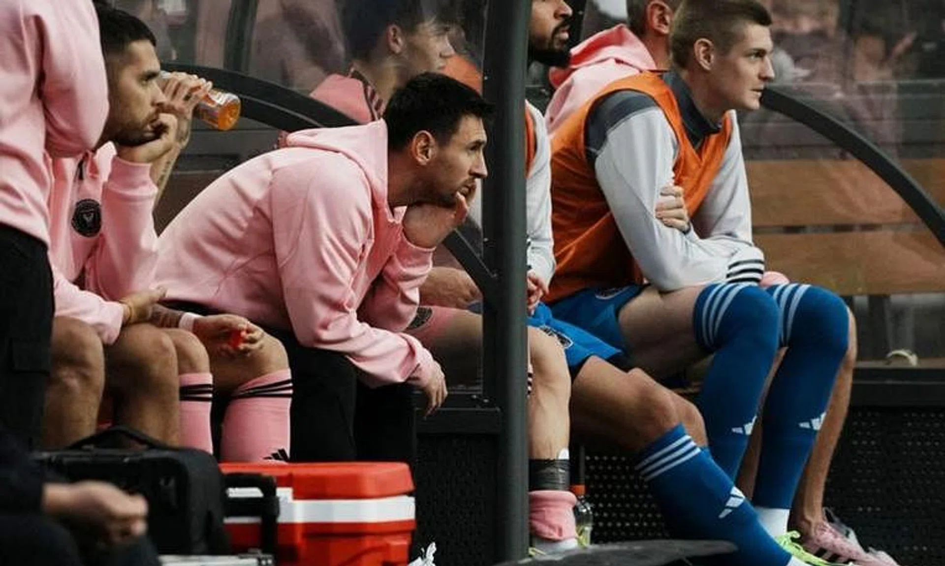 Inter Miami player Lionel Messi on the sideline in a preseason friendly football match against Hong Kong XI at Hong Kong Stadium. 