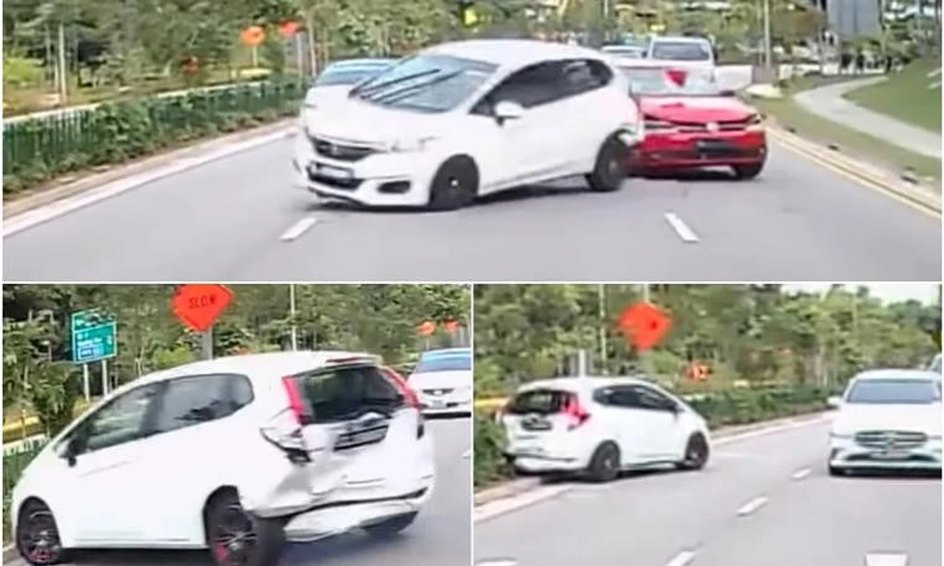 The red car crashes into the white car, causing it to spin and crash into the median railing.