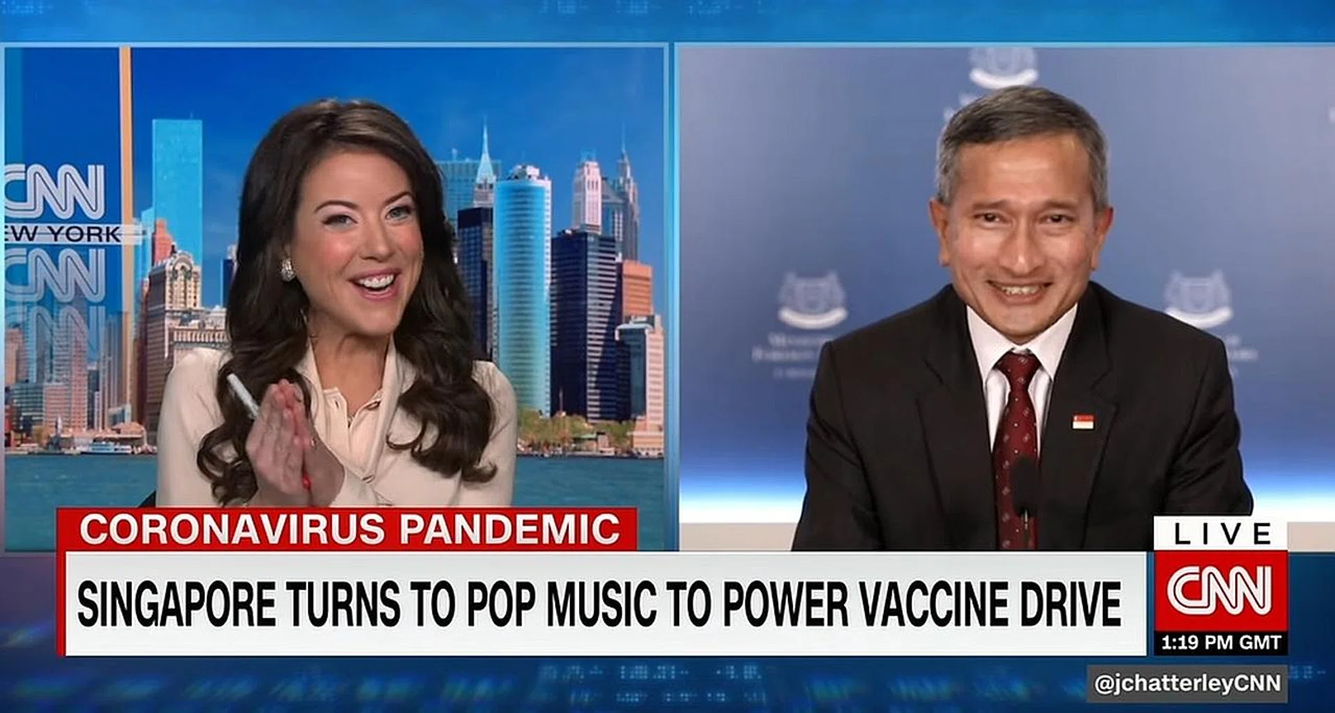 (Above) CNN International presenter Julia Chatterley told Foreign Minister Vivian Balakrishnan that she loved the music video. A screengrab of the video, which has garnered more than 1.4 million views. 