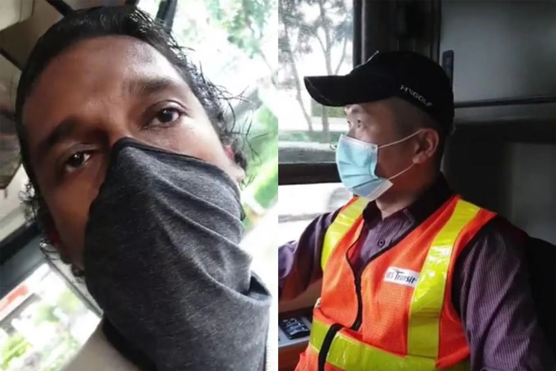 Screengrabs of the viral video where Mr Nimal De Silva (left) verbally abused the bus driver for not letting him board because he was wearing a neck gaiter instead of a face mask.