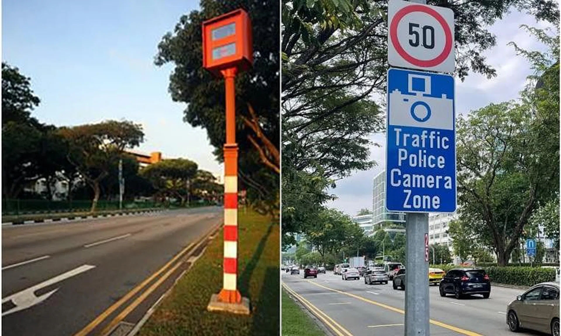 Red-light cameras are painted orange and white (left), and come with warning signs indicating that the area is a “Traffic Police Camera Zone”. 