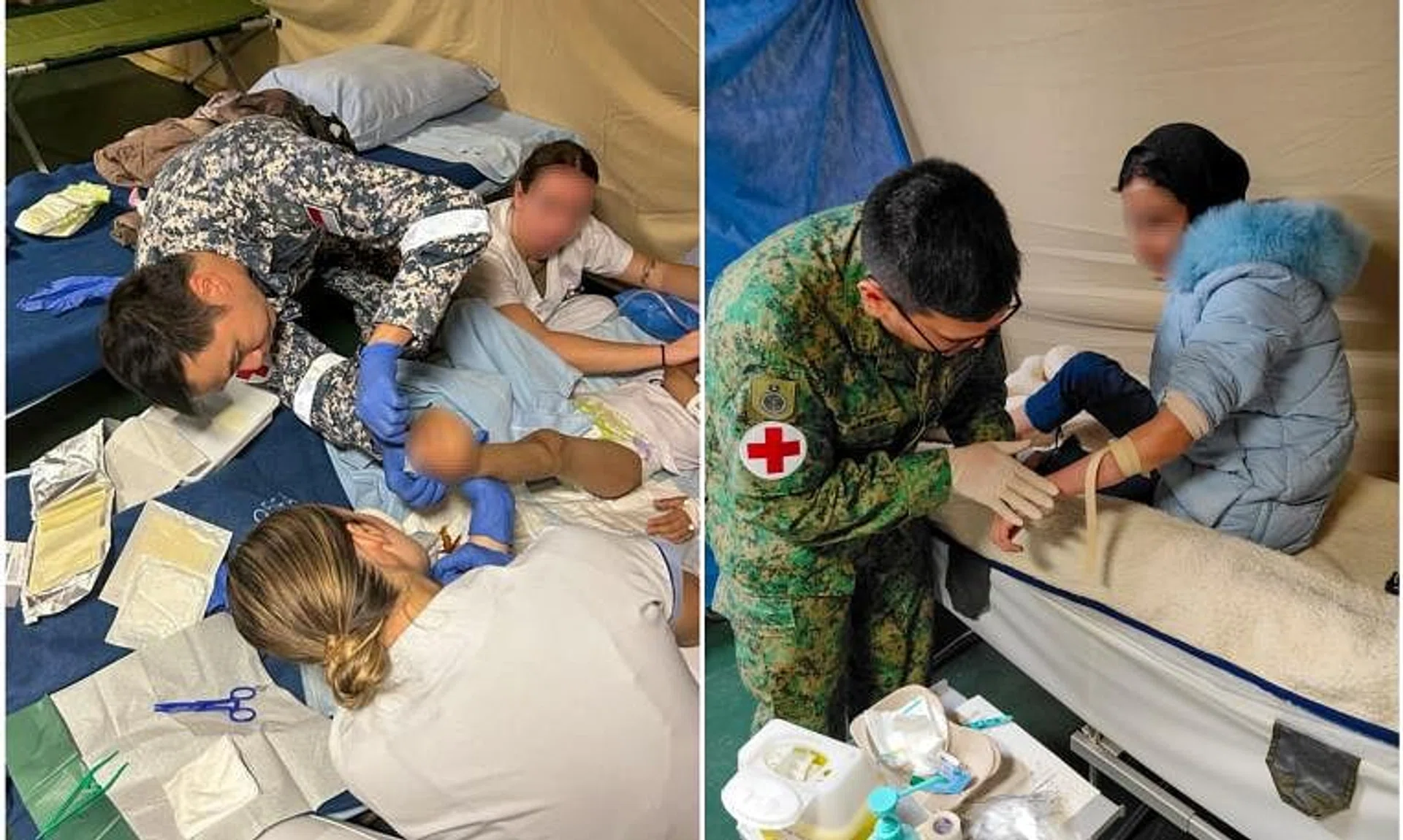 ME3 Jimmy Woo Ying Ming and Lieutenant Colonel (Dr) Nazirul Hannan Abdul Aziz treating casualties from Gaza.