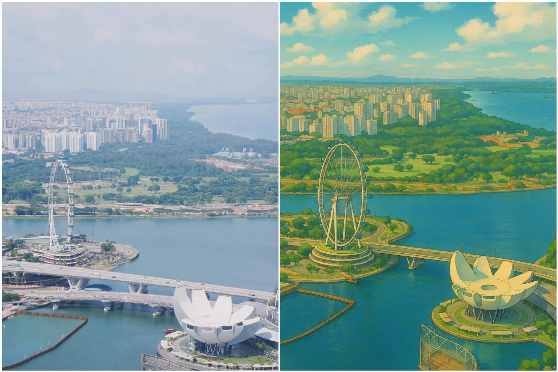 An original photo and an AI-generated “Ghibli-style” photo of the Singapore Flyer and ArtScience Museum.