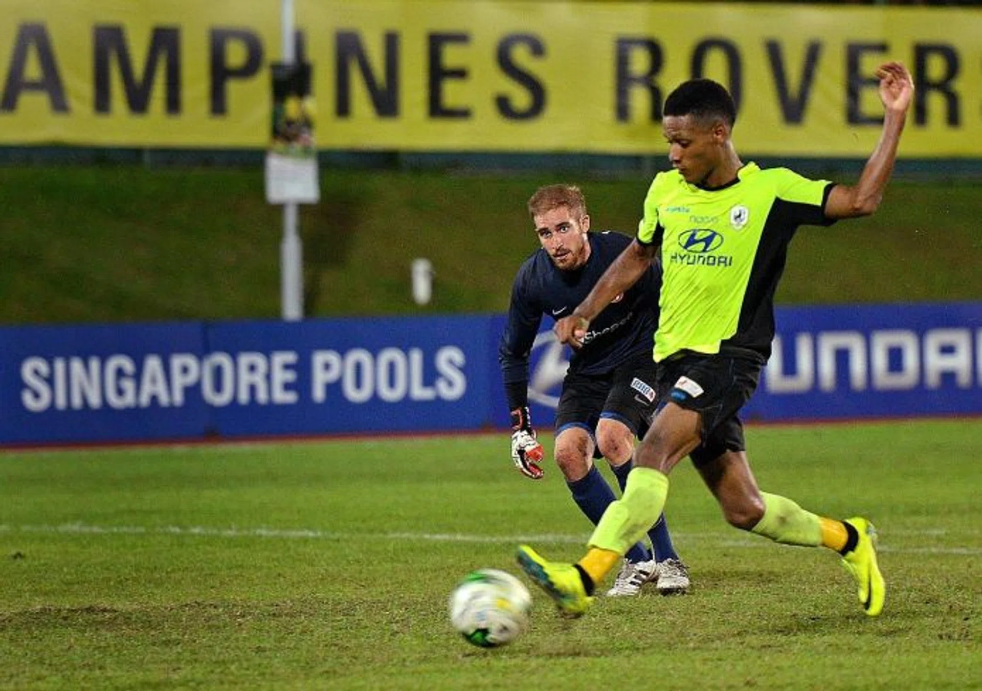 WONDERFUL WEBB: Tampines Rovers forward Jordan Webb (right) will be hoping to continue his scoring form after netting a hat-trick against the Young Lions on Tuesday.