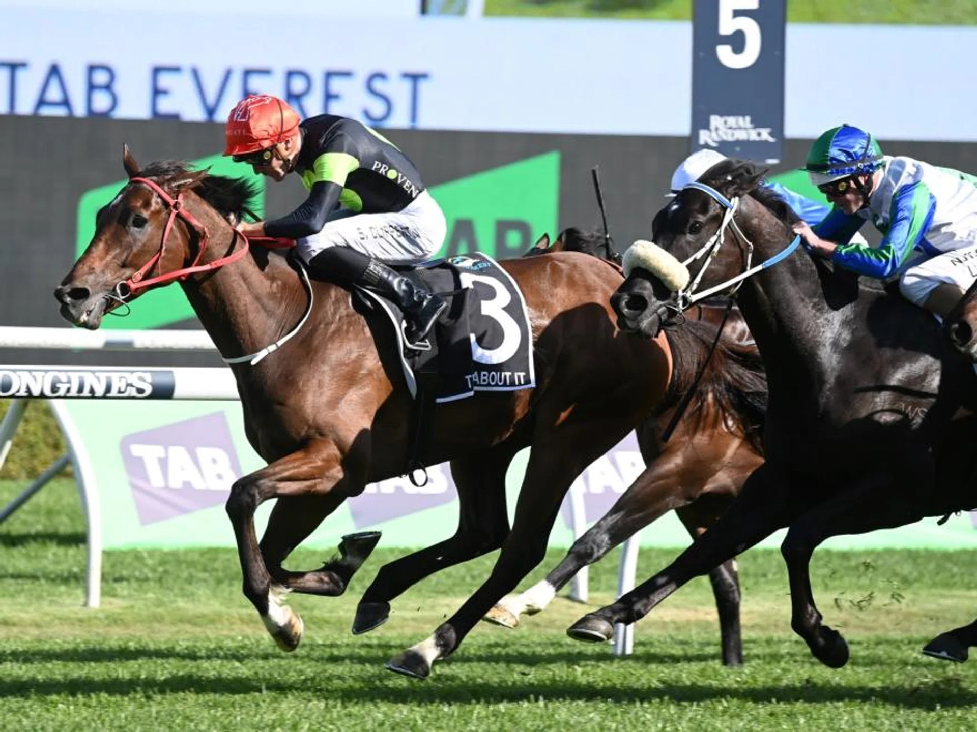 The Joseph Pride-trained Think About It (Sam Clipperton) beating the Peter Moody & Katherine Coleman-trained I Wish I Win (Luke Nolen) in The Everest (1,200m) at Randwick on Oct 14, 2023. Think About It will not defend his crown in the 2024 renewal but I Wish I Win will attempt to go one better.PHOTO COURTESY OF SKY RACING
