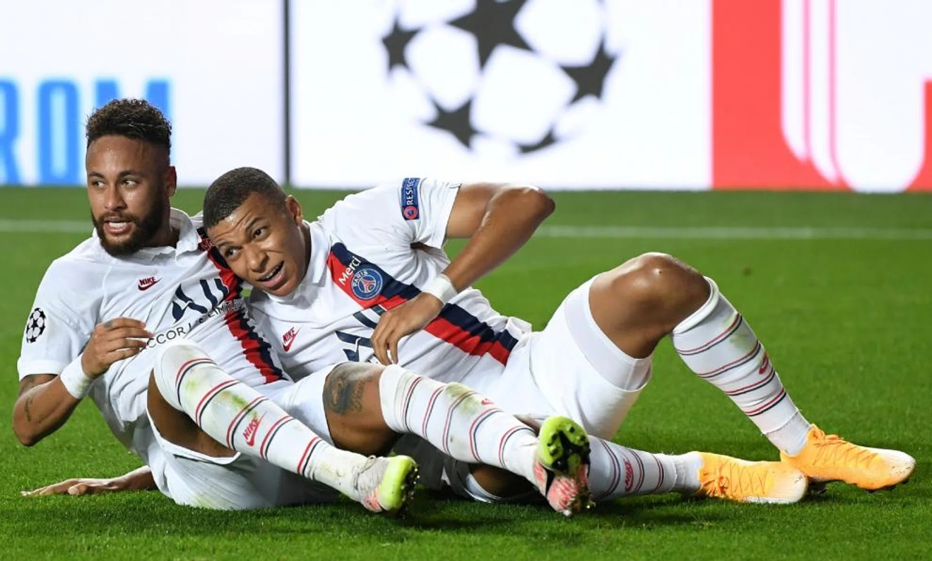 Paris Saint-Germain forward Neymar (left) celebrating with Kylian Mbappe, after the latter set up Eric Choupo-Moting for the winning goal in their 2-1 Champions League quarter-final win over Atalanta.