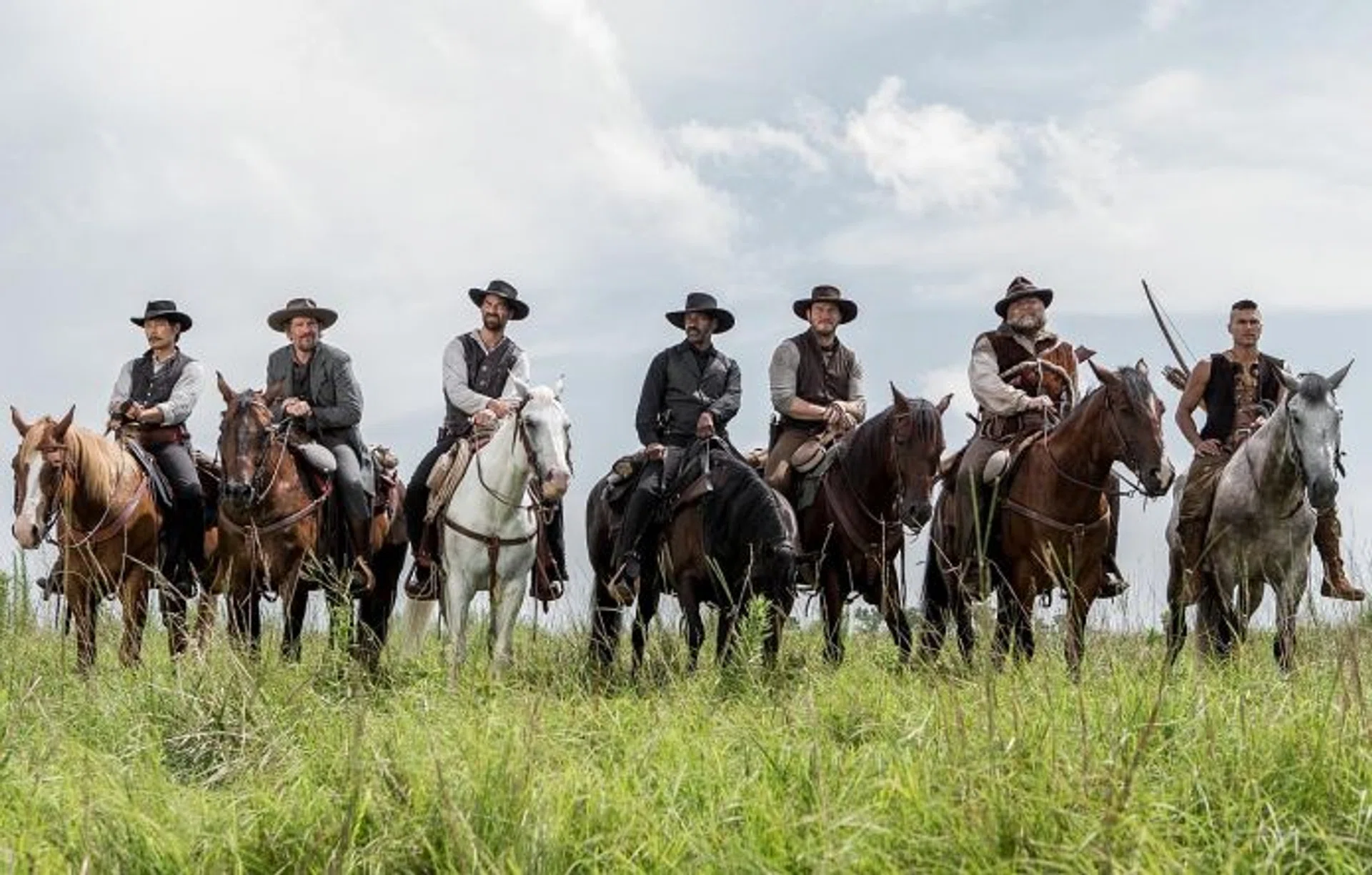 The Magnificent Seven, starring (from left to right) Lee Byung Hun, Ethan Hawke, Manuel Garcia-Rulfo, Denzel Washington, Chris Pratt, Vincent D'Onofrio and Martin Sensmeier