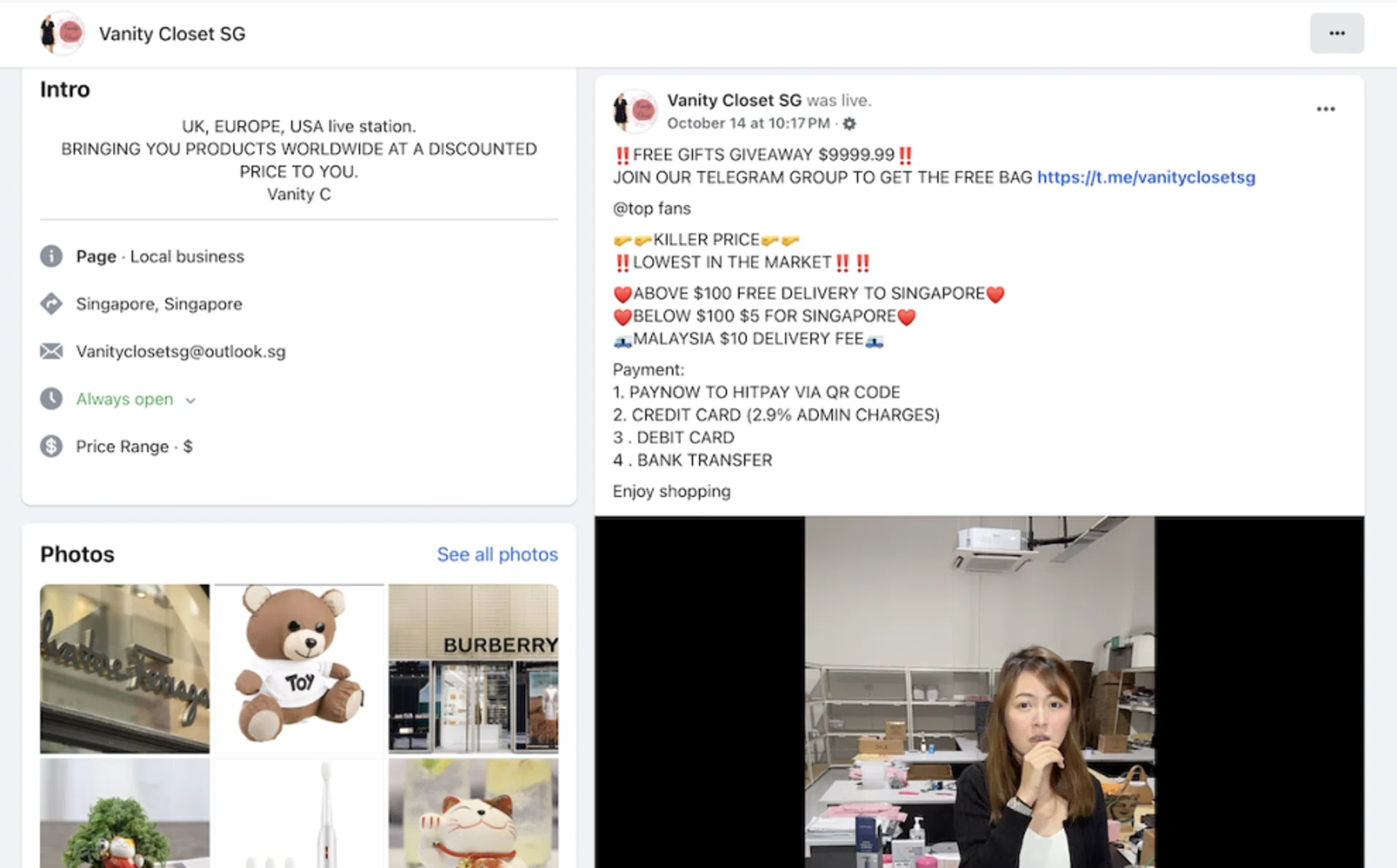 Vanity Closet conducts livestream sales of branded goods from overseas retail outlets through its Facebook page.
