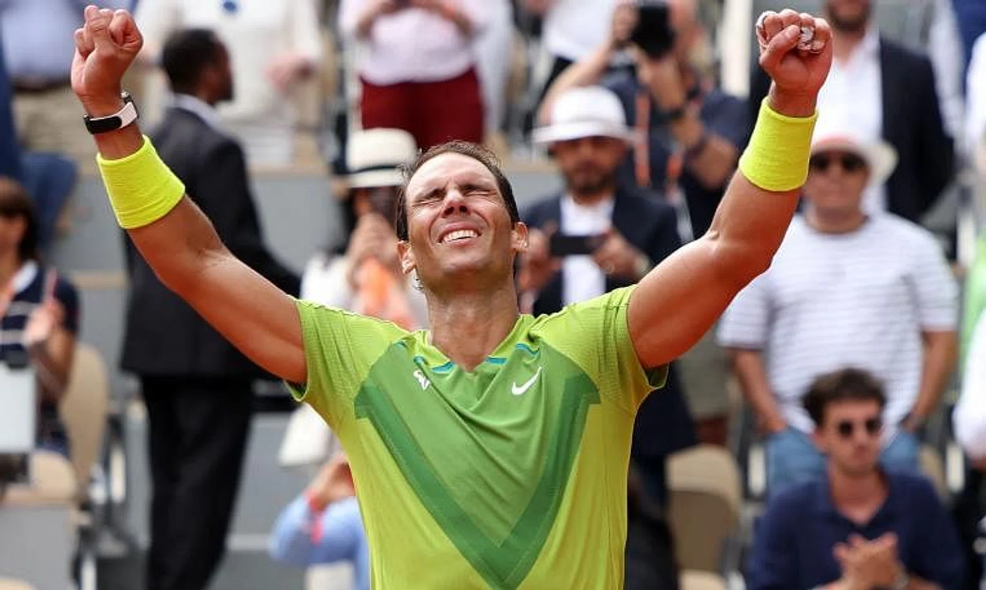 Rafael Nadal celebrates after his victory over Casper Ruud, on June 5, 2022.