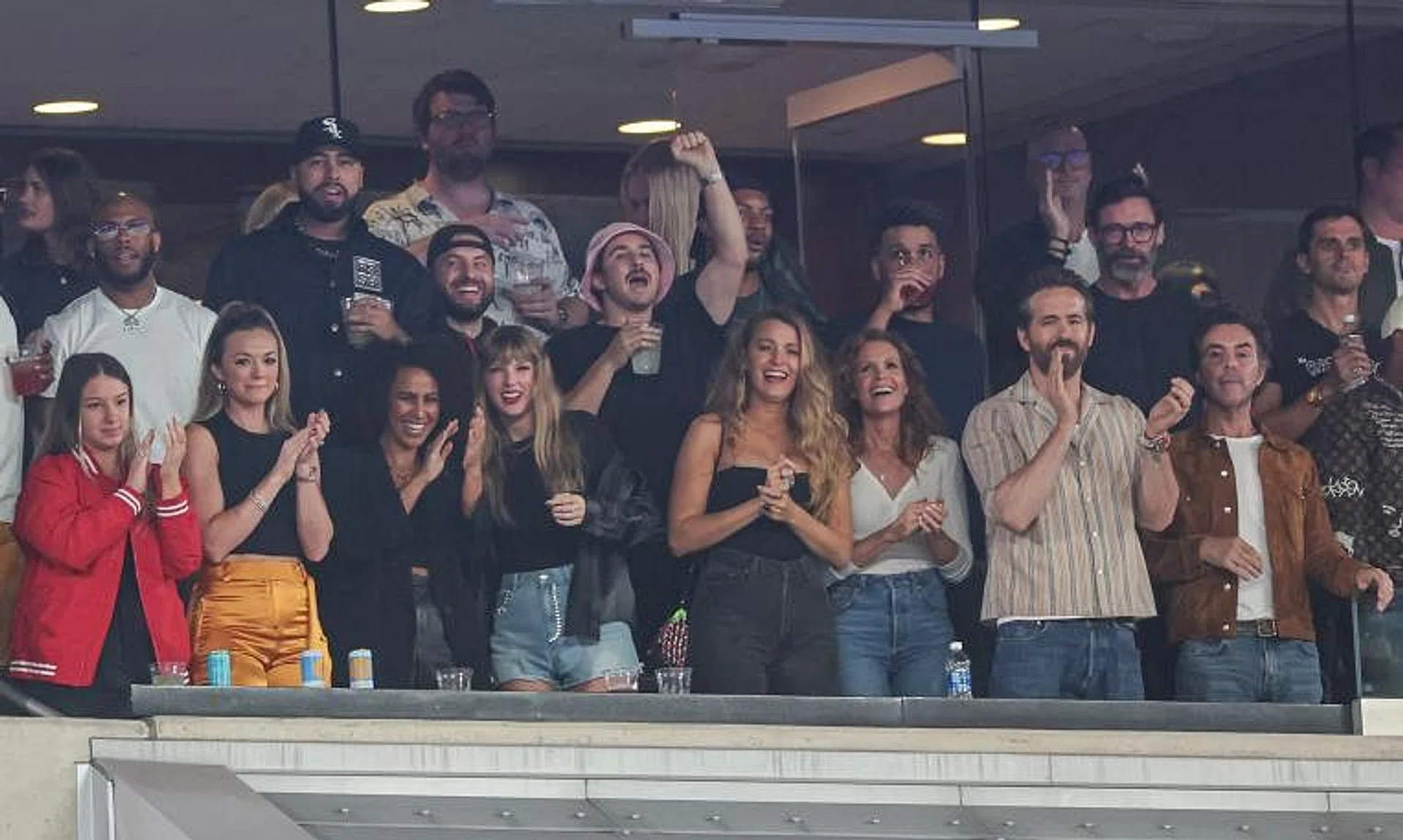 Taylor Swift, actors Ryan Reynolds, Blake Lively and Hugh Jackman celebrate after a Kansas City Chiefs touch down during the first half at MetLife Stadium. 