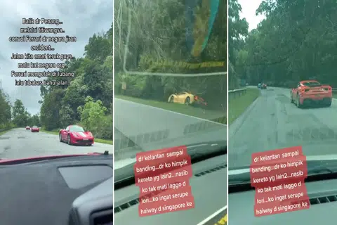 S'pore Ferraris caught on camera speeding along Malaysia road - one of them crashes into a ditch
