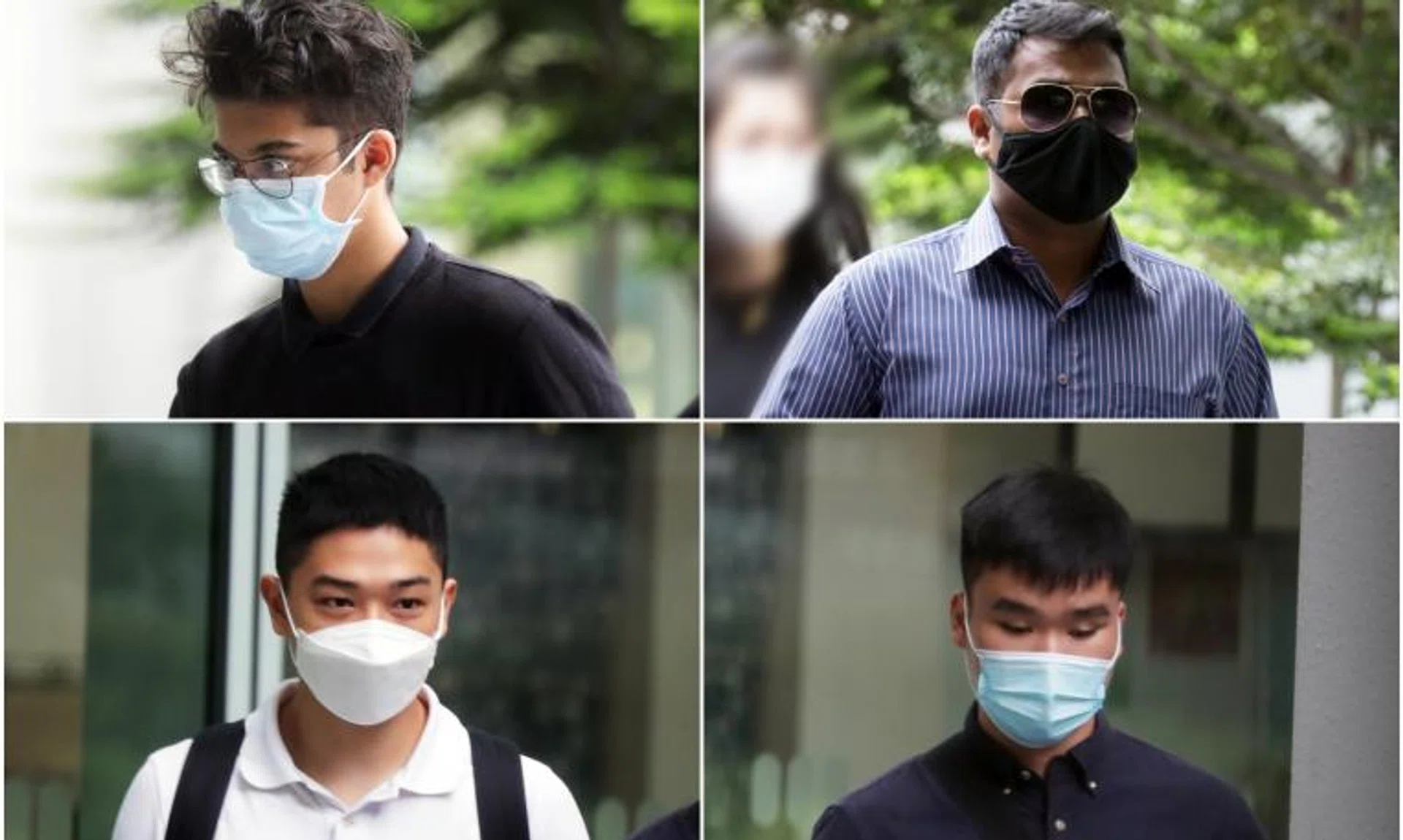 (Clockwise from top left) Shyama Kumar Sharath, Ateesh Ashutosh Rao, Kevan Loh Wei Kang and Declan Goh each pleaded guilty to one count of failing to keep a 1m distance from others in the crowd.