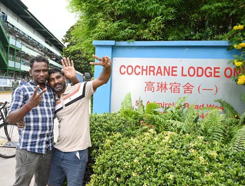 Indian construction workers Karuppiah Nagarajan (left), 41, and
Samikannu Azhagarsamy, 35, have lived in Cochrane Lodge 1 in Sembawang for six years.