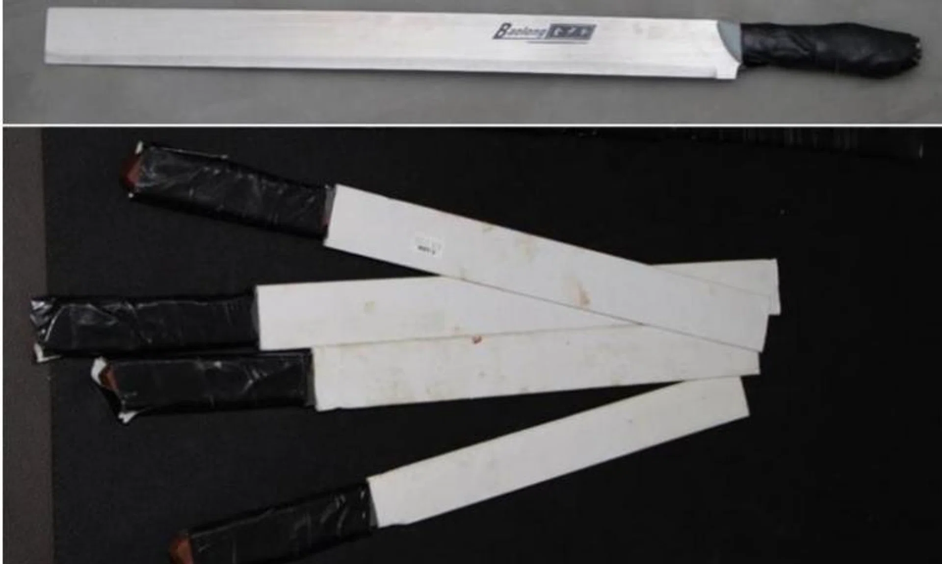 Photos of the six knives that were seized showed the handles of the blades wrapped in black tape.