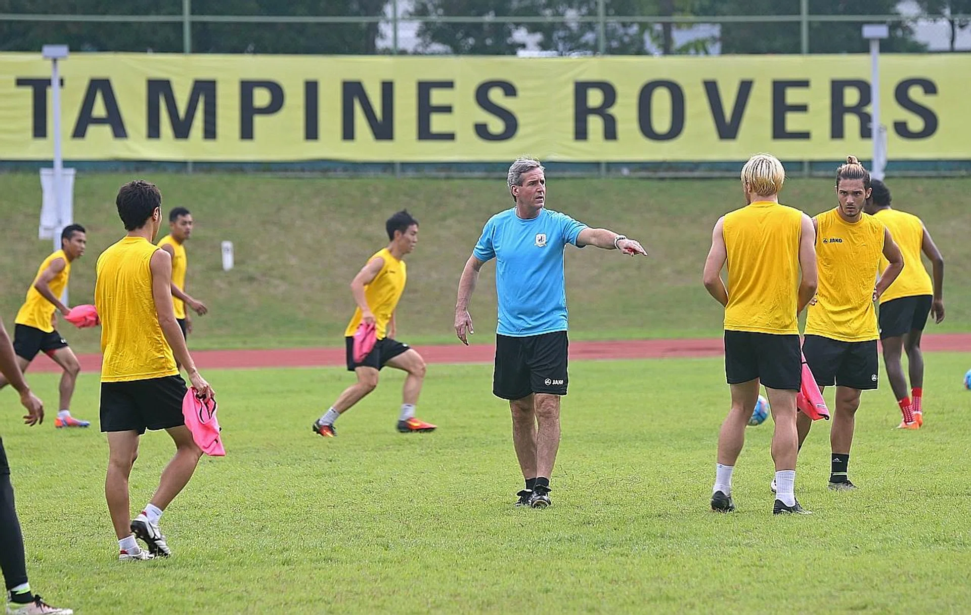 Juergen Raab (in blue) knows it will take a lot of hard work for him to instil an attacking brand of football at Tampines Rovers. 