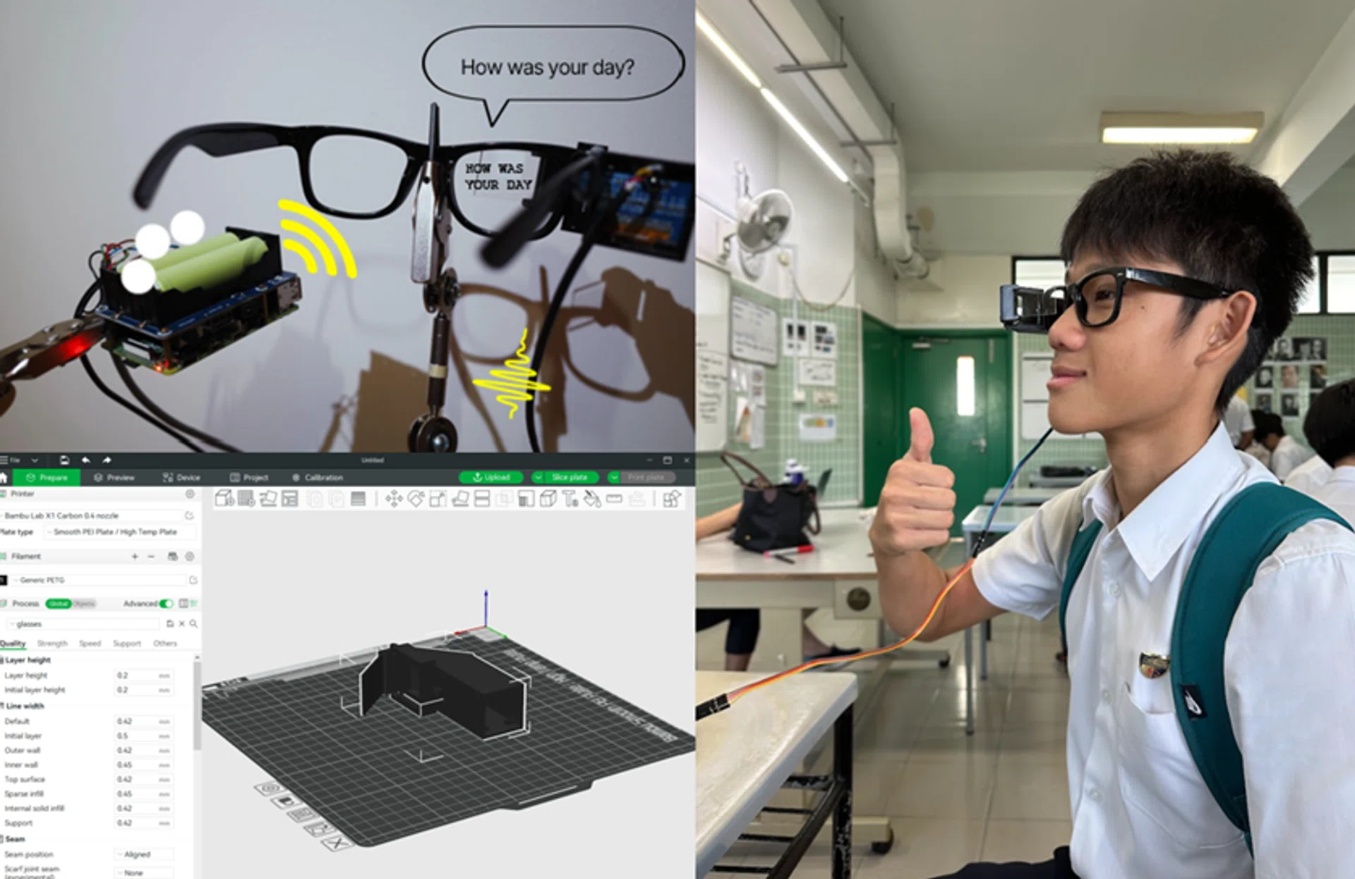 SilentGuide is a pair of smart glasses that transcribes spoken words into subtitles.