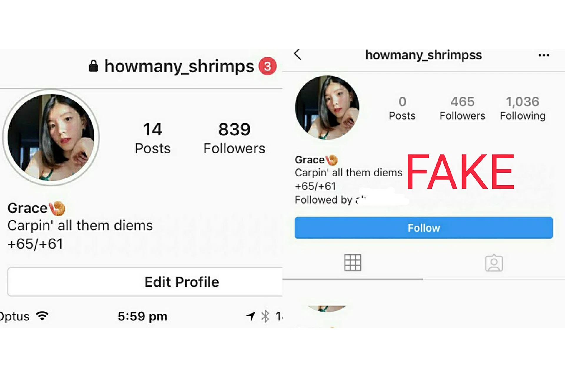 Screenshots of Miss Grace Cai's real Instagram account (far left) and the account duplicated by scammers, who added the letter "s" to the username. 