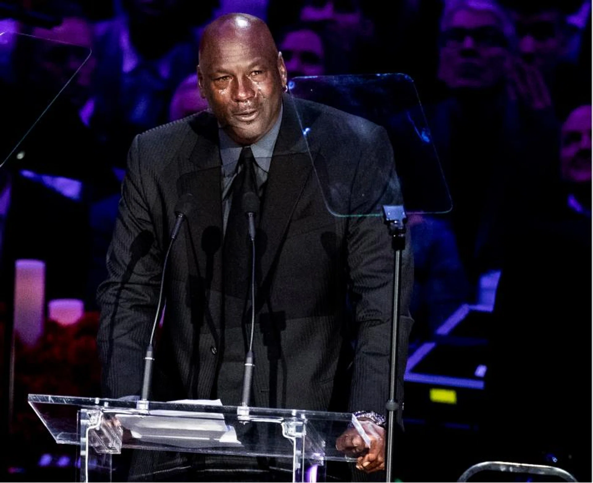 A tearful Michael Jordan during the Kobe Bryant memorial in Los Angeles attended by some 20,000 people. 