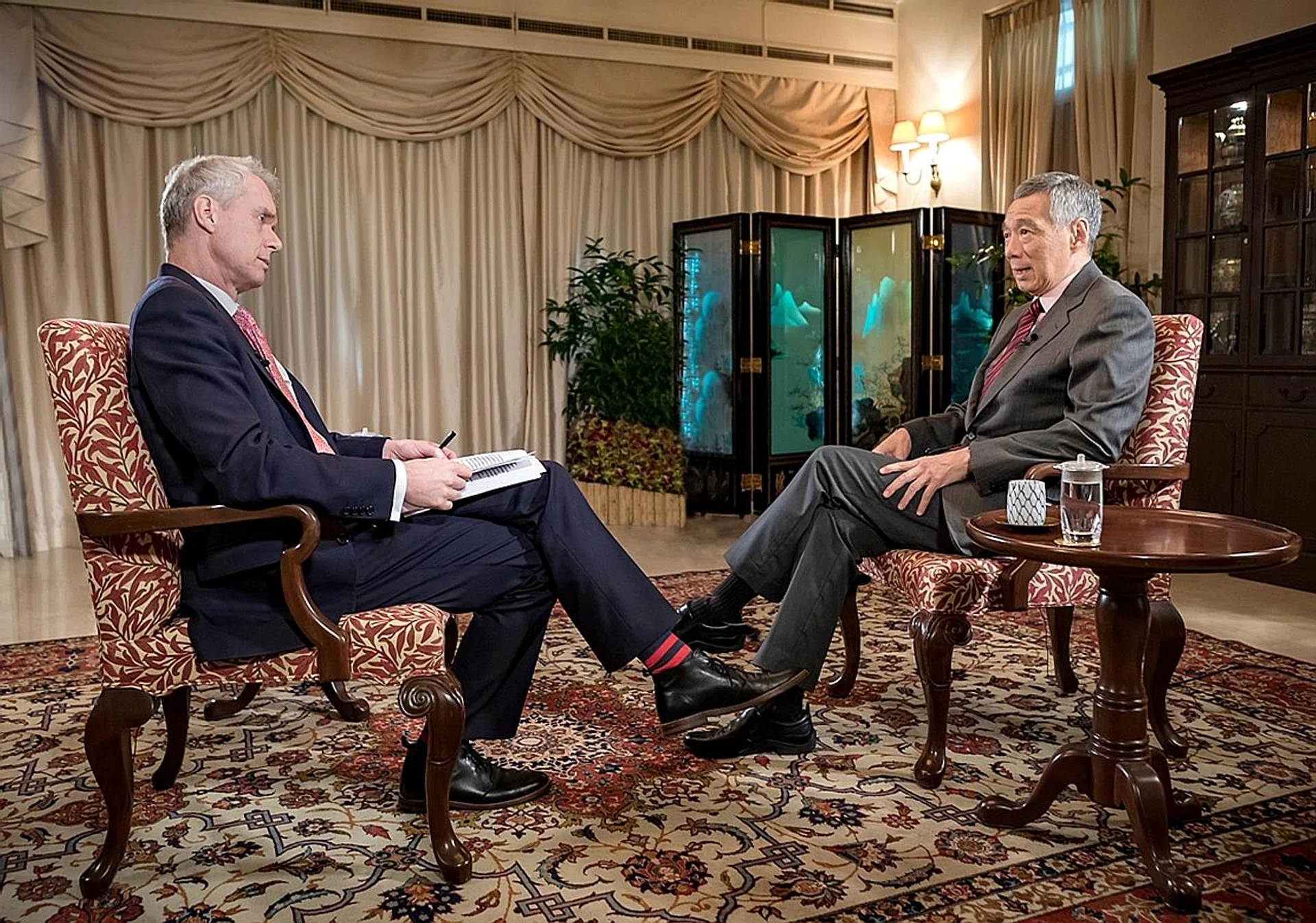 PM Lee Hsien Loong (right) was asked on issues ranging from US-China ties to freedom of expression in an interview with BBC presenter Stephen Sackur. PHOTO: BBC HARDTALK