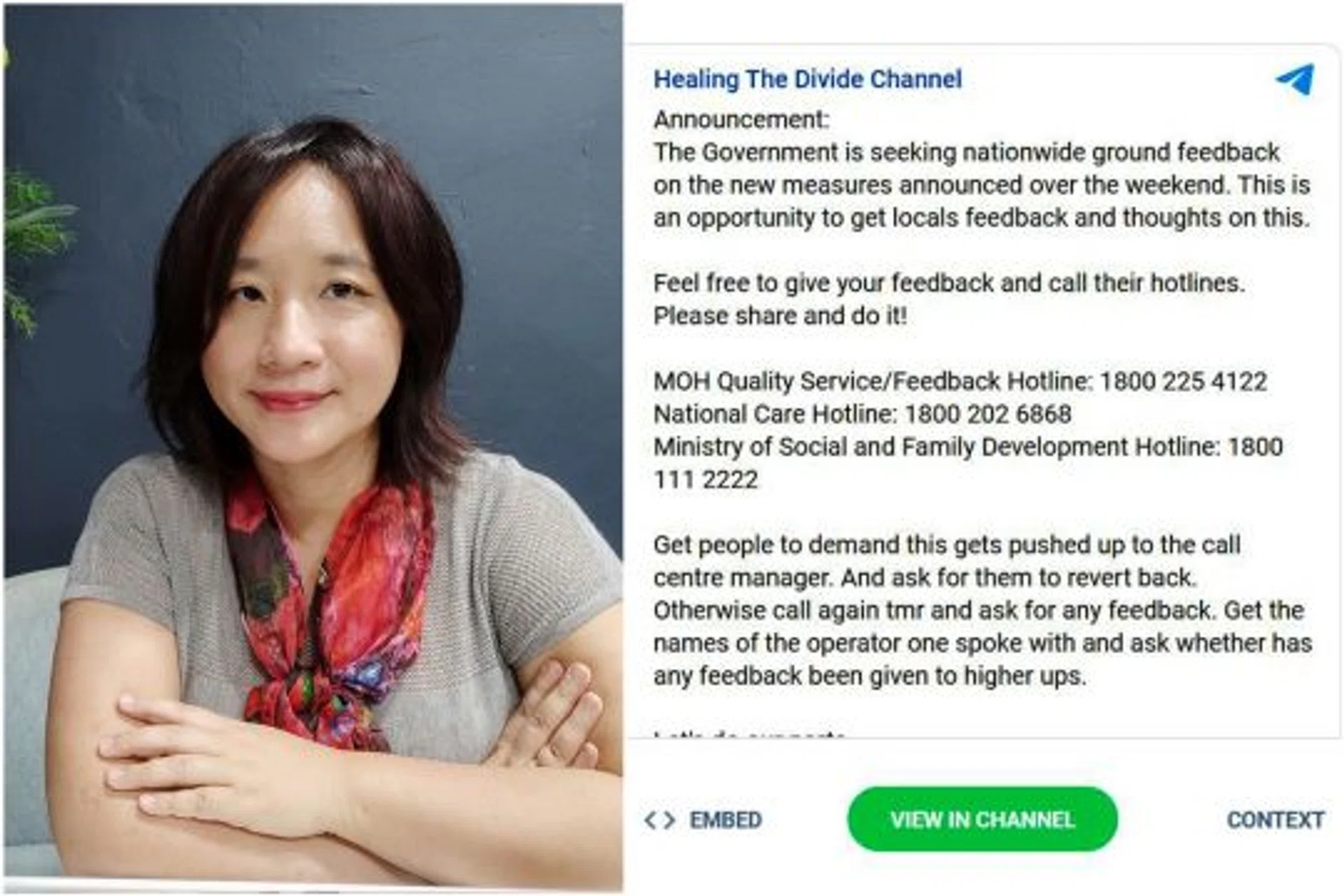 Ms Iris Koh is the founder of a group called Healing The Divide, which claims to warn people about the dangers of vaccination.