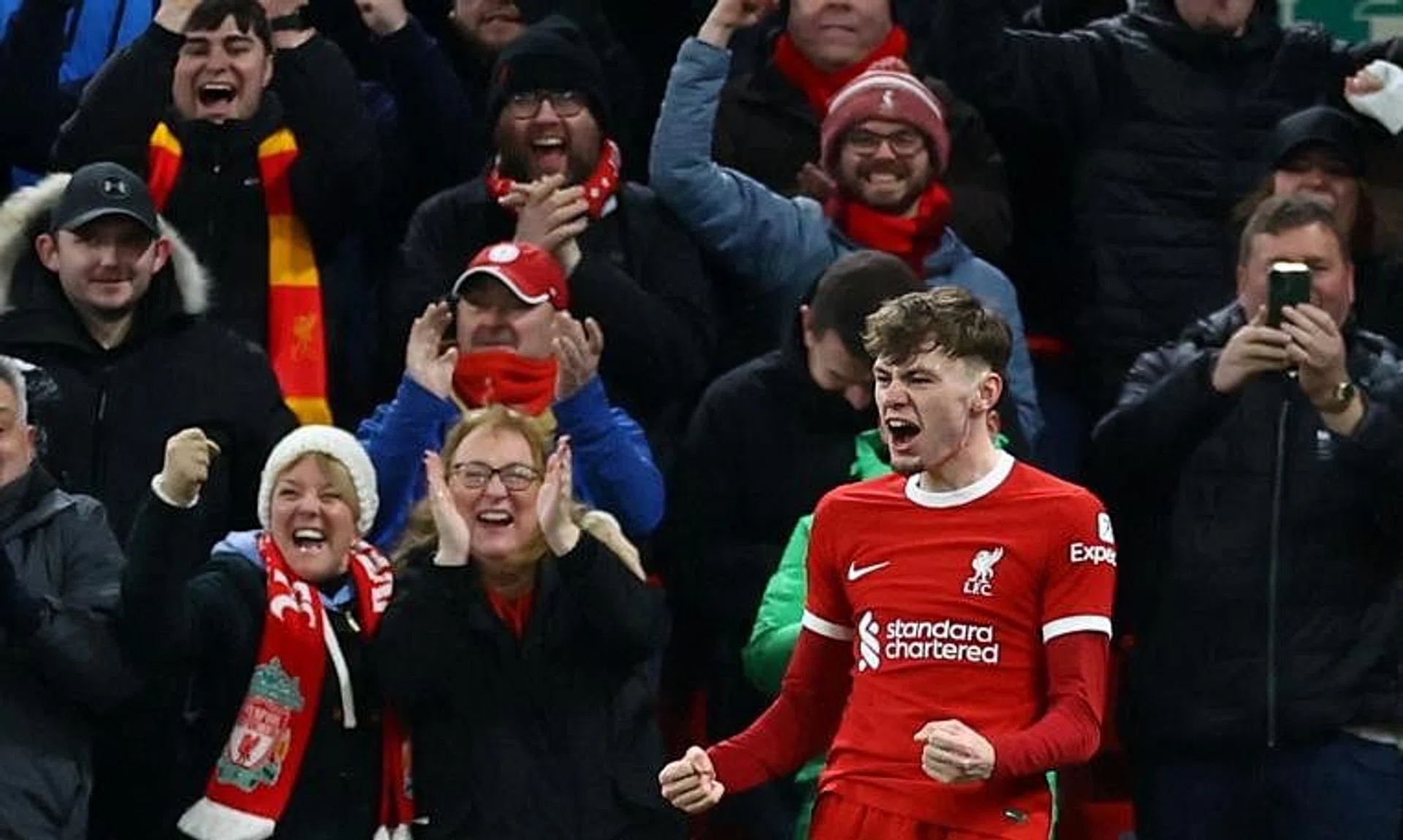 Liverpool's Conor Bradley celebrating after scoring their second goal against Chelsea at Anfield. 