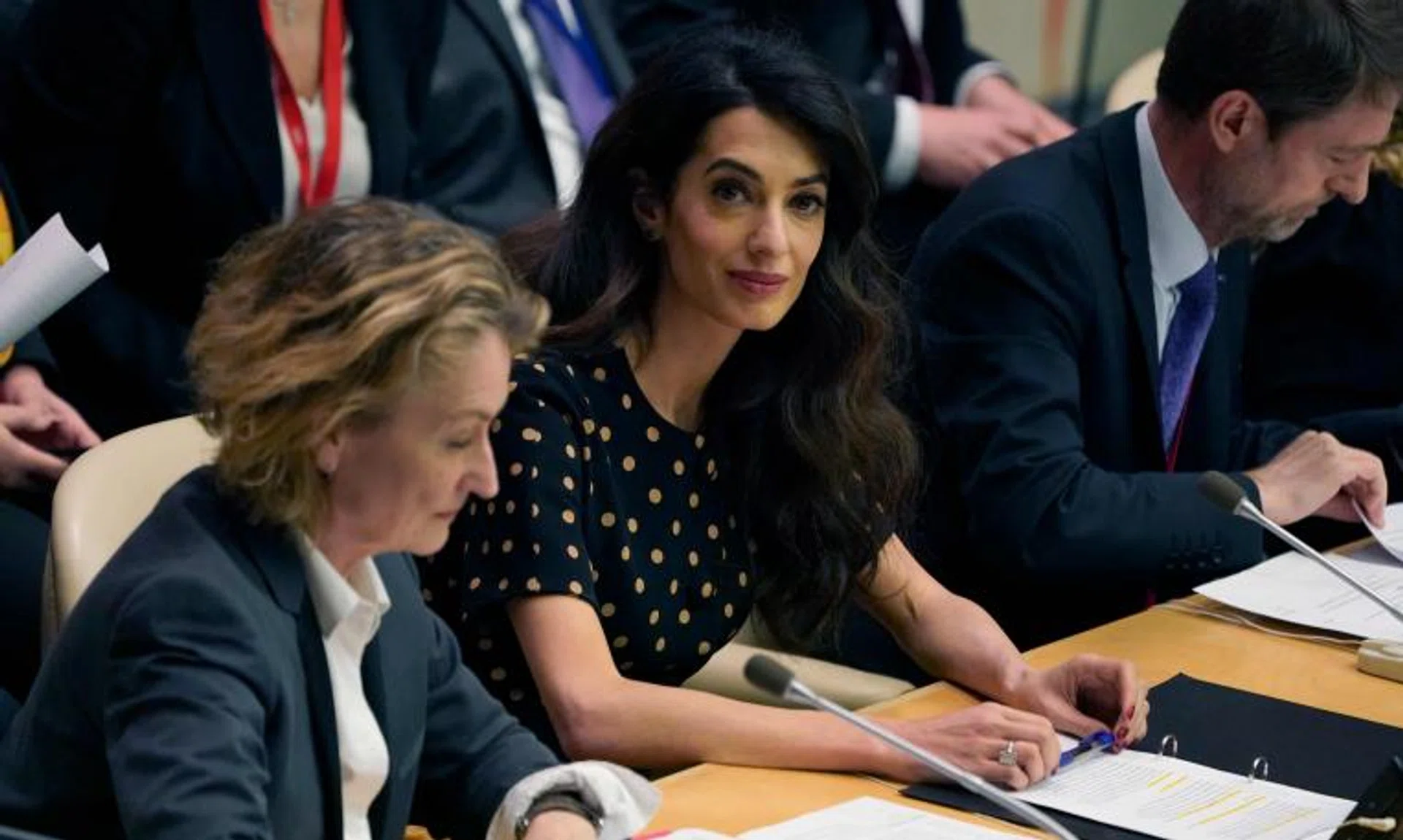 Amal Clooney (centre) attends an informal gathering of UN Security Council members, on April 27, 2022, in New York.