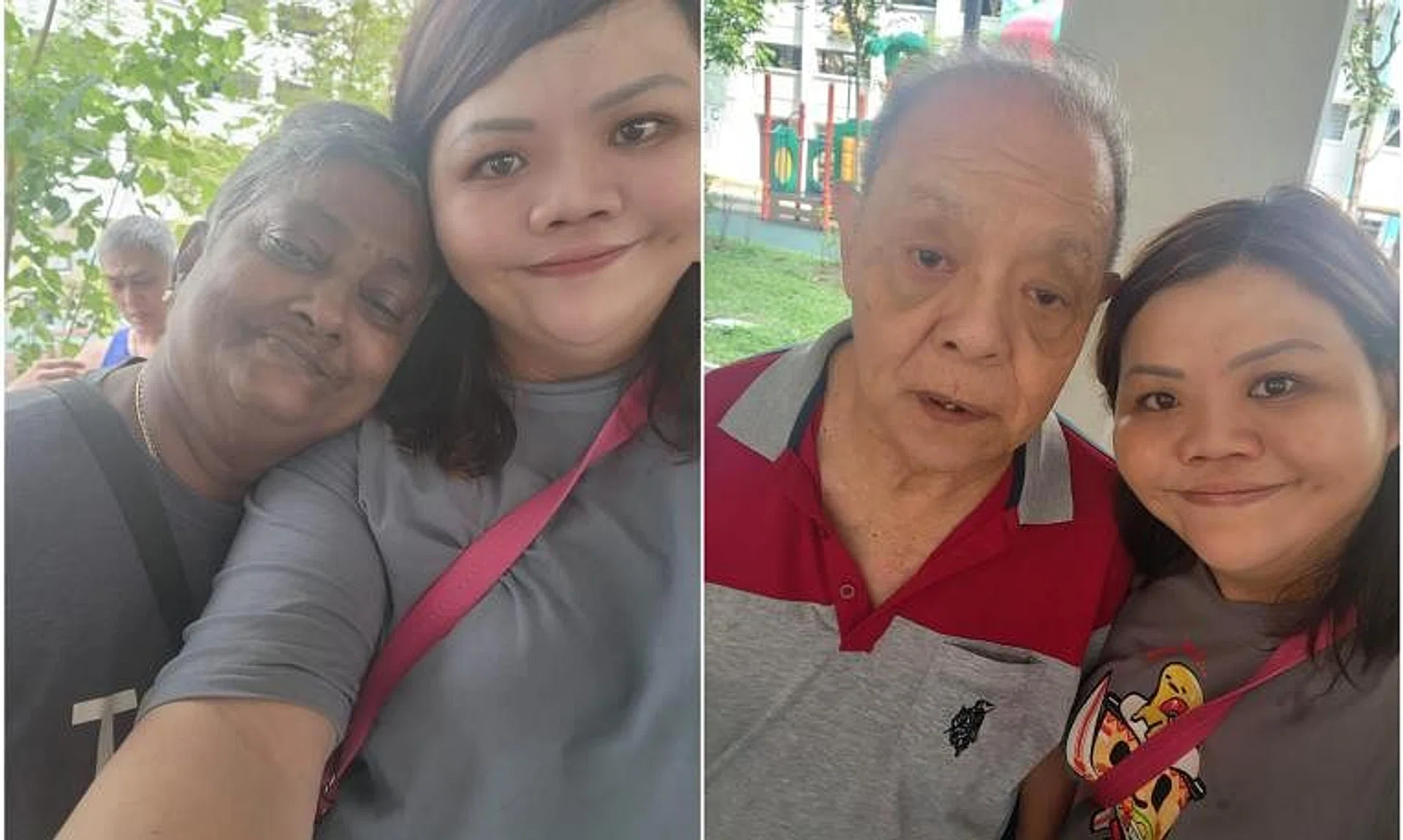 Ms Priscilla Ong with a rental flat resident from Yishun whom she affectionately calls "smiley auntie" (left), and with another rental flat resident Mr Toh.