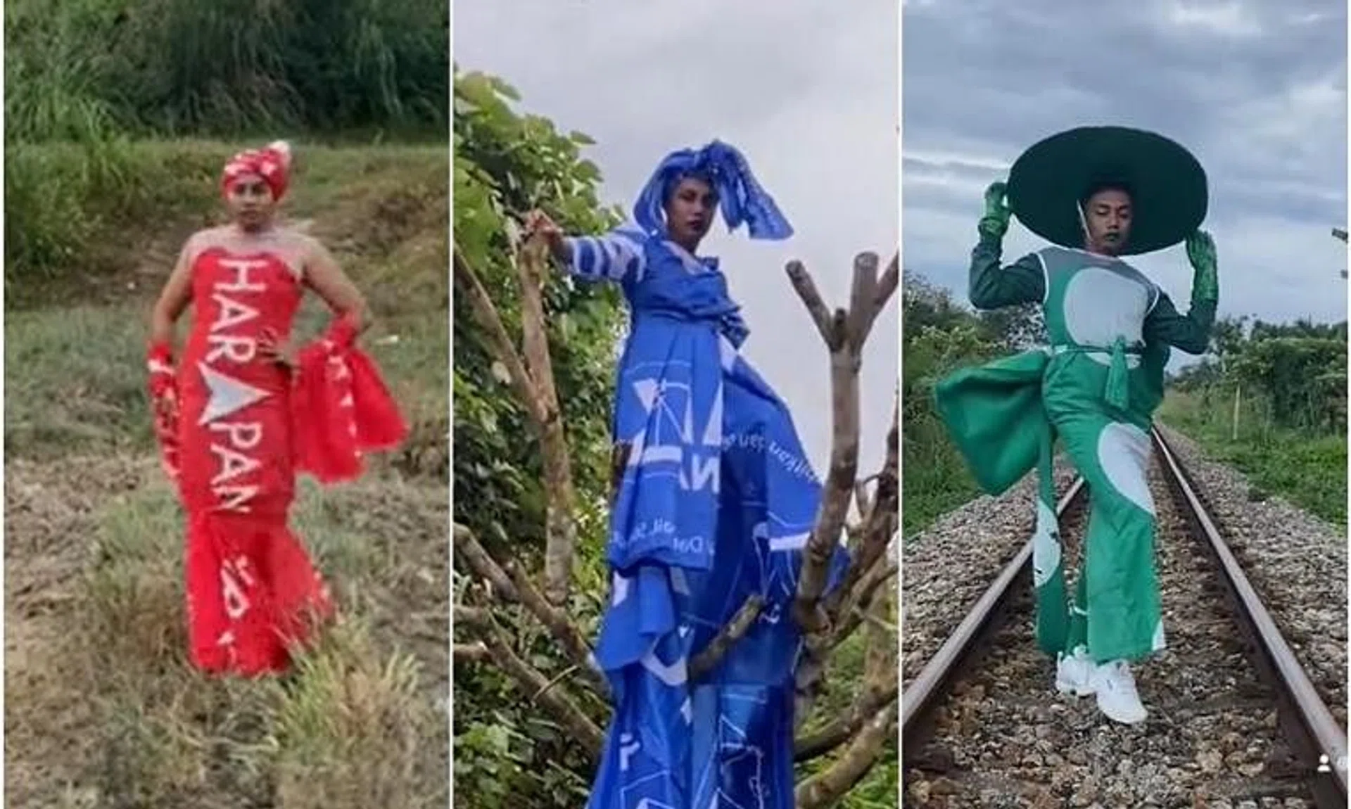 Dresses inspired by (from left) Pakatan Harapan, Barisan Nasional and Parti Islam SeMalaysia.