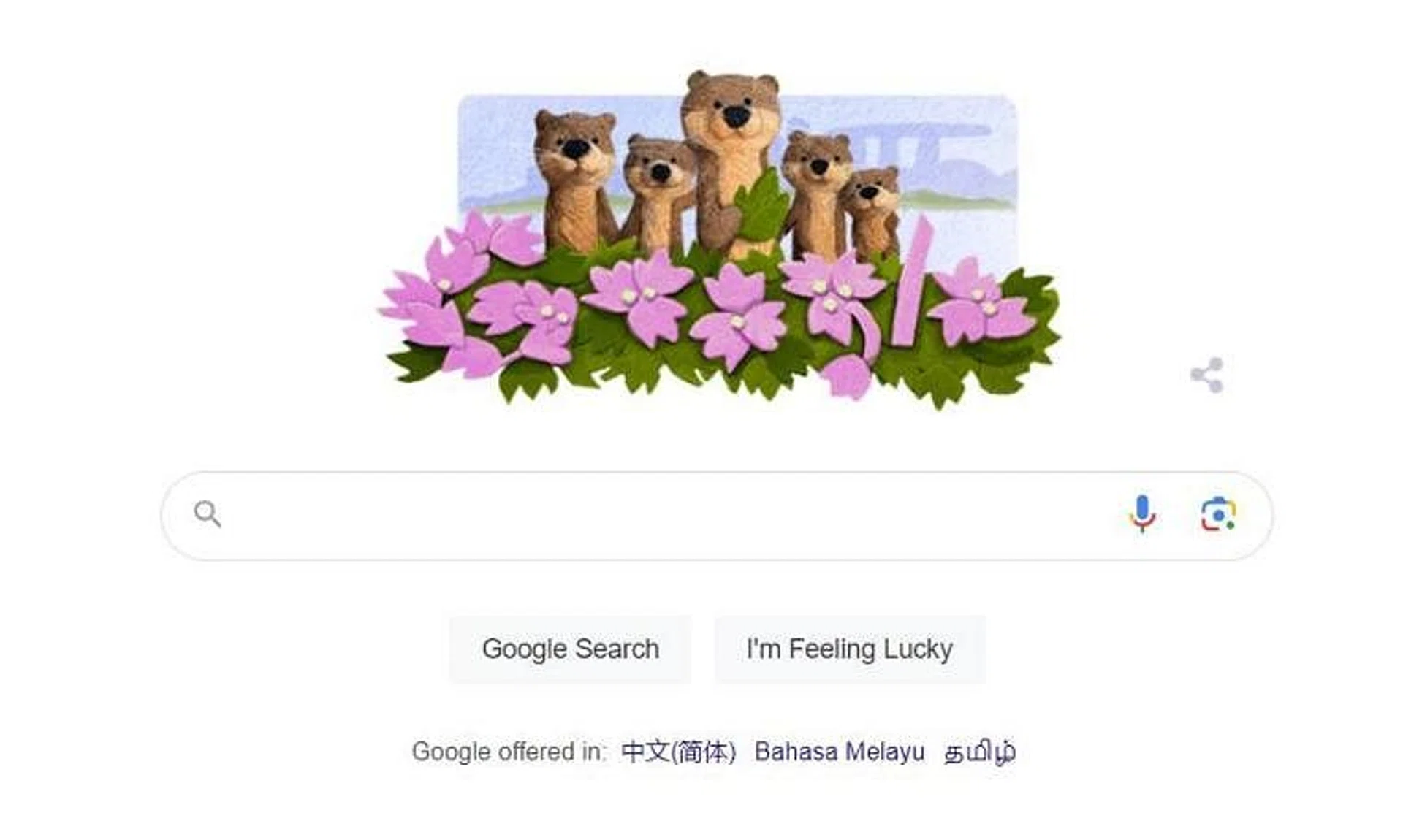 The Google doodle features a family of five otters with Marina Bay Sands in the background and flowers in the foreground.