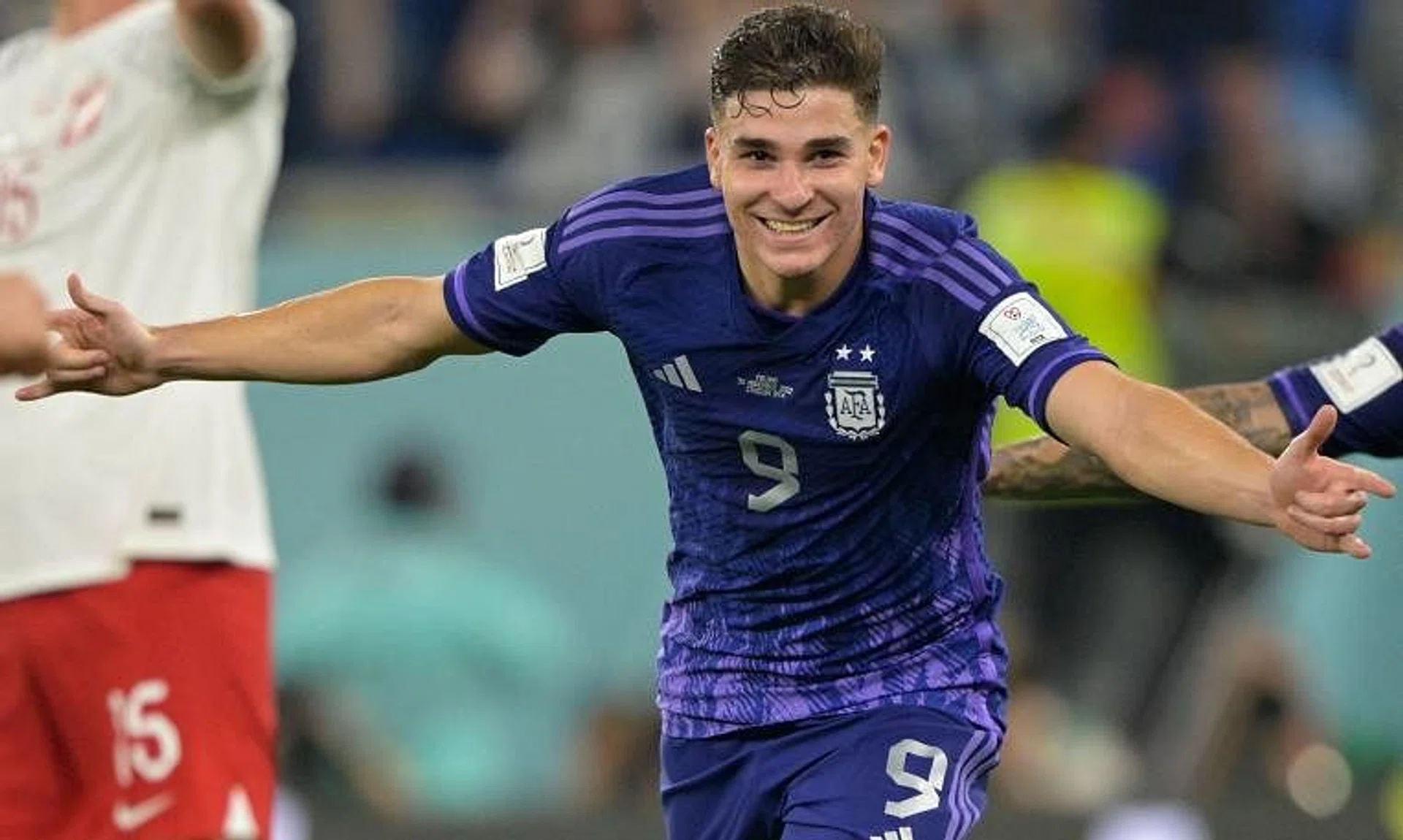 Forward Julian Alvarez celebrates scoring Argentina's second goal against Poland.