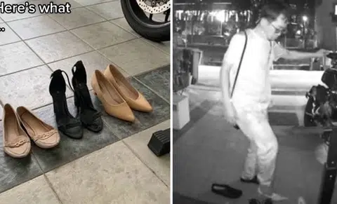Man seen trying on women's shoes outside house, leaving a pair of heels there